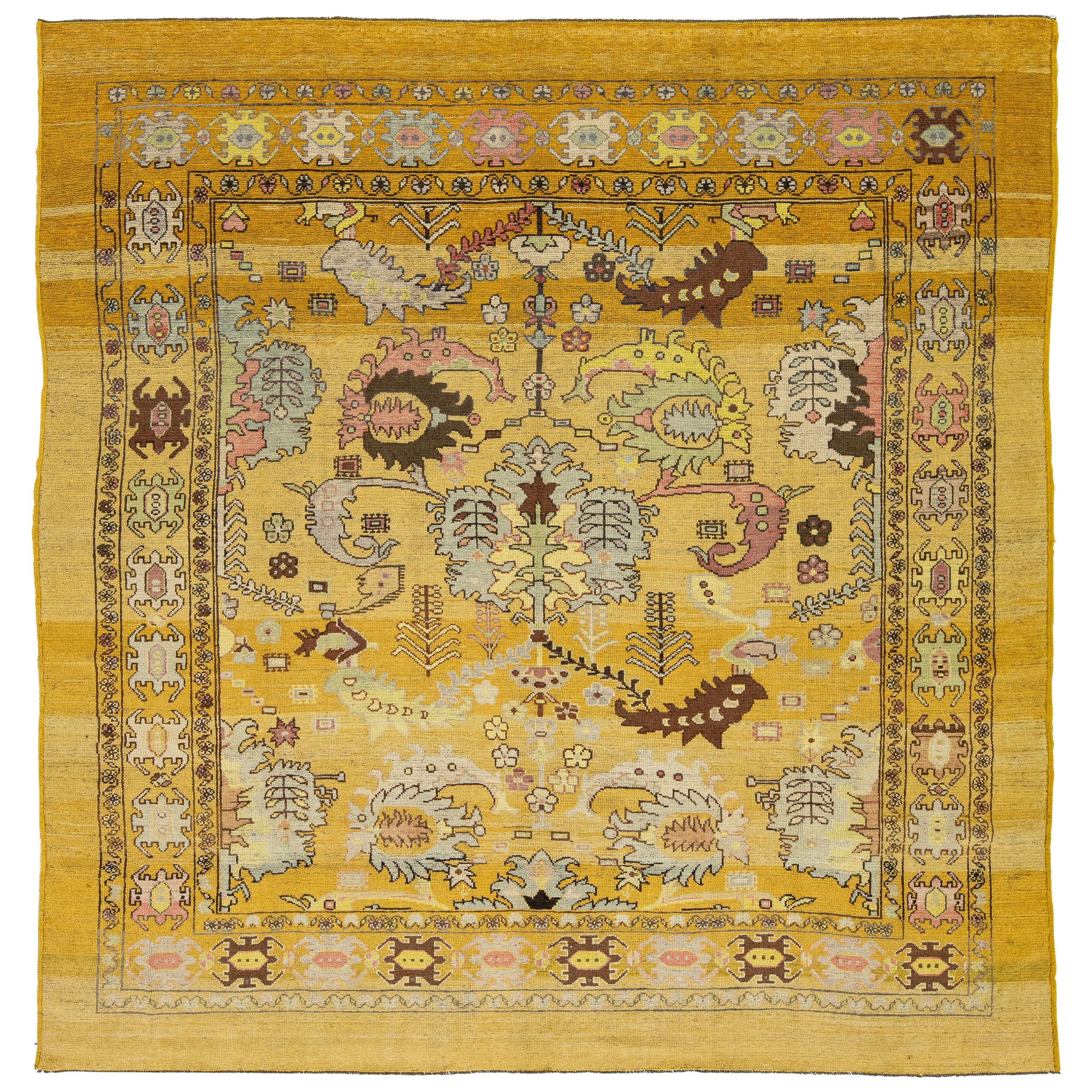 Contemporary Revival Wool Rug Handmade In Yellow With Allover Pattern For Sale