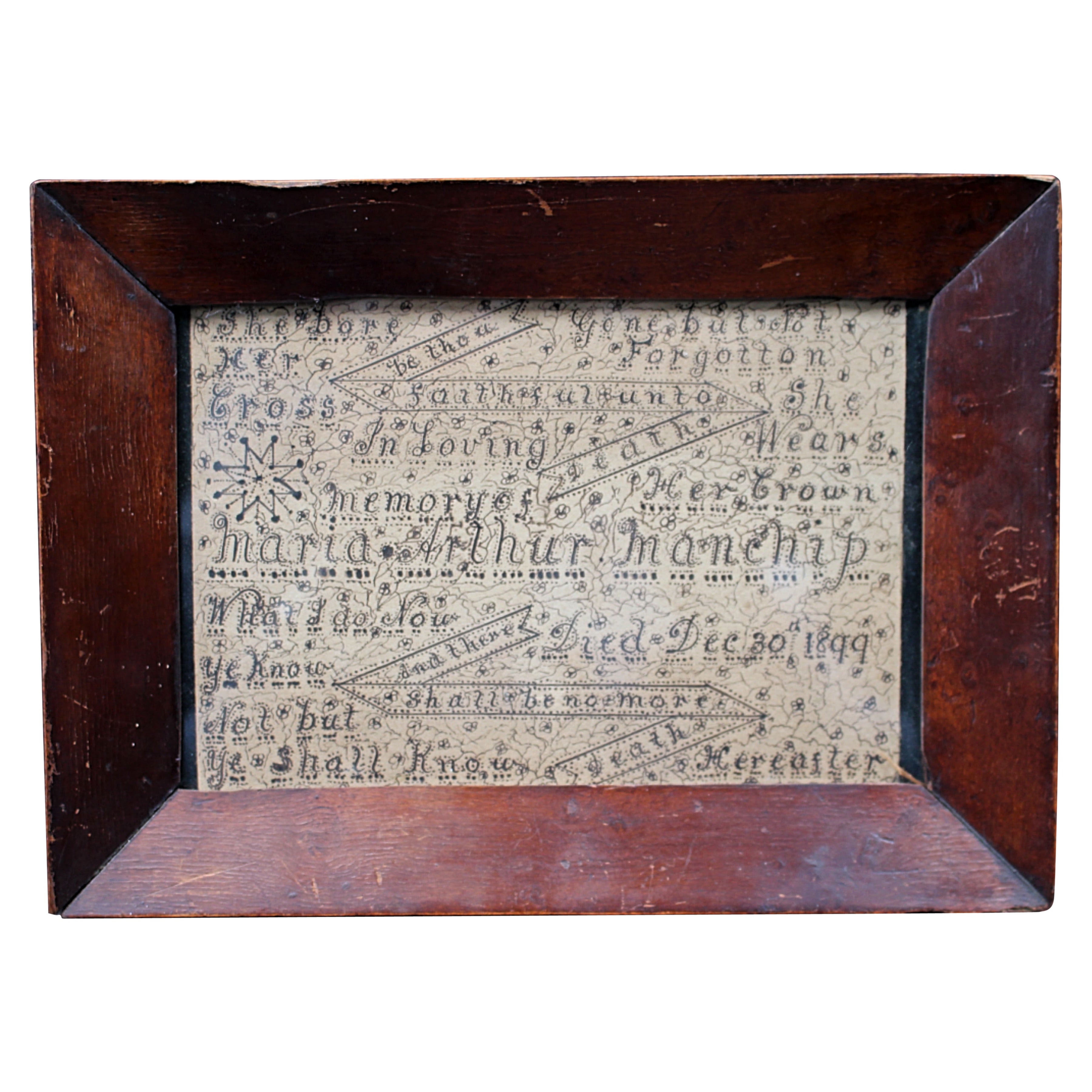 Late 19th C Memento Mori Calligraphy In memory of Maria Arthur Manchip Died 1899 For Sale