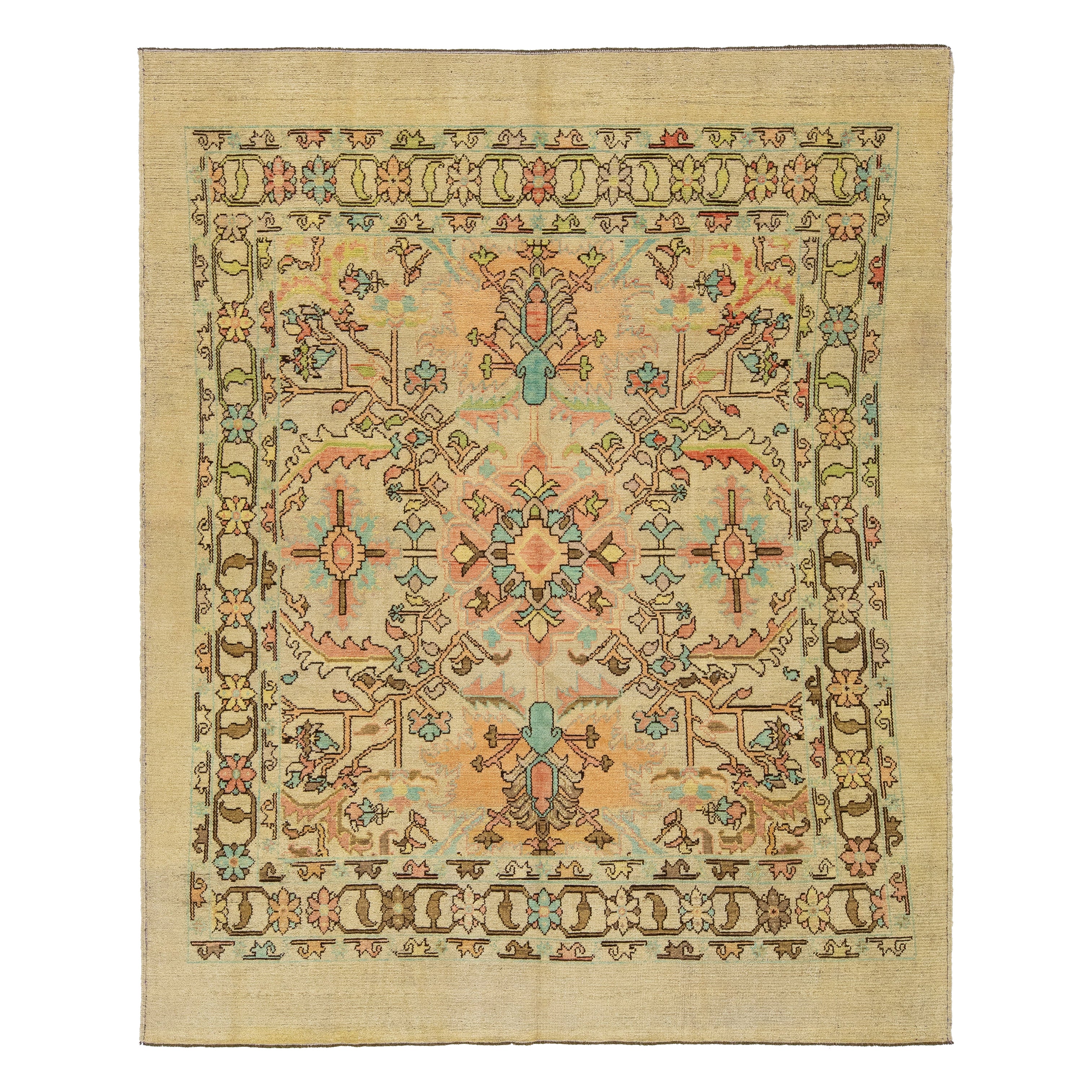 Contemporary Revival Wool Rug Handmade In Tan With Allover Floral Pattern