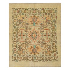 Contemporary Revival Wool Rug Handmade In Tan With Allover Floral Pattern