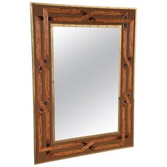Mid-20th Century Rattan Inlay Brass Framed Wall Mirror Manner of Gabriella Cresp