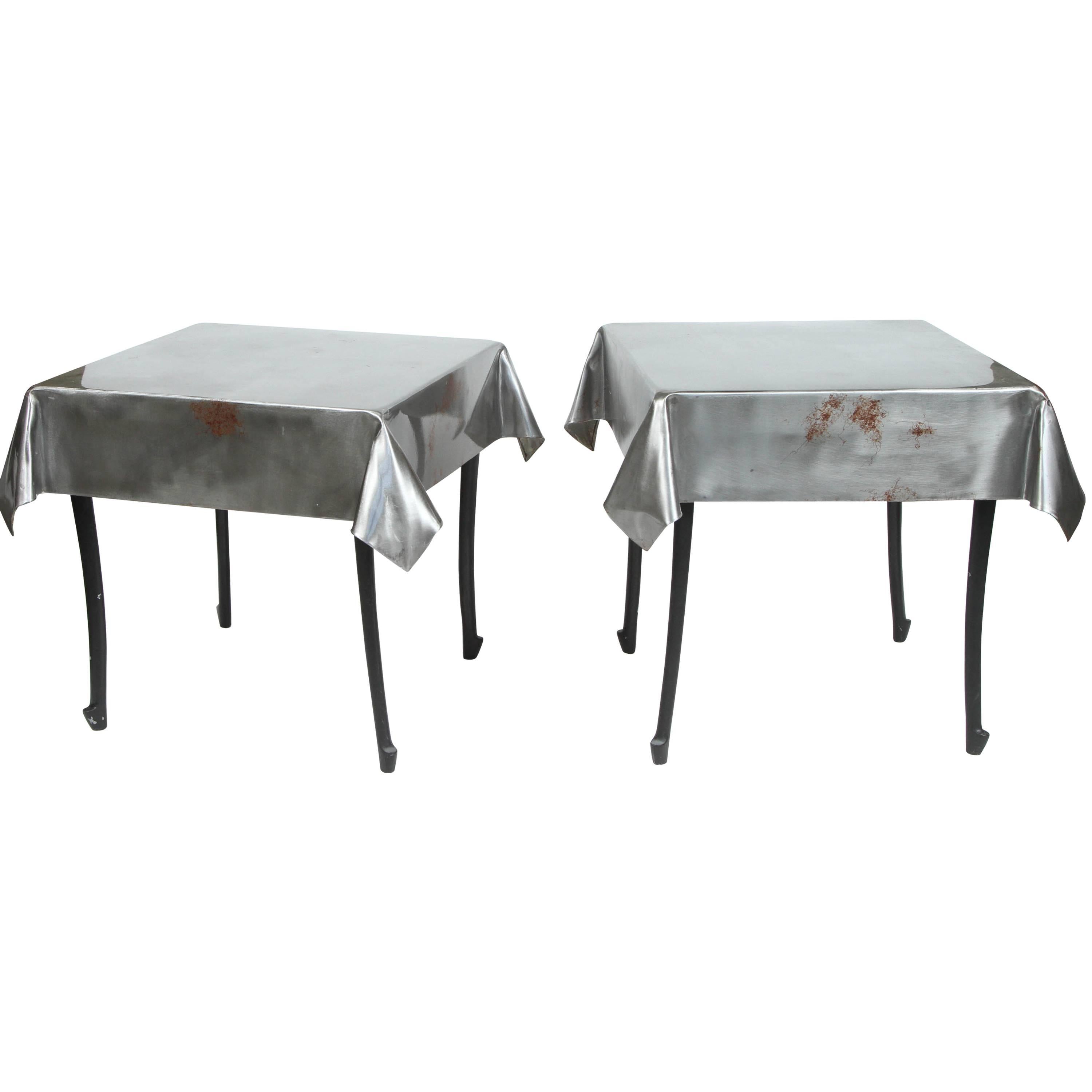 A Pair of Vintage Steel End Tables with “Skirts” and Cabriole Legs