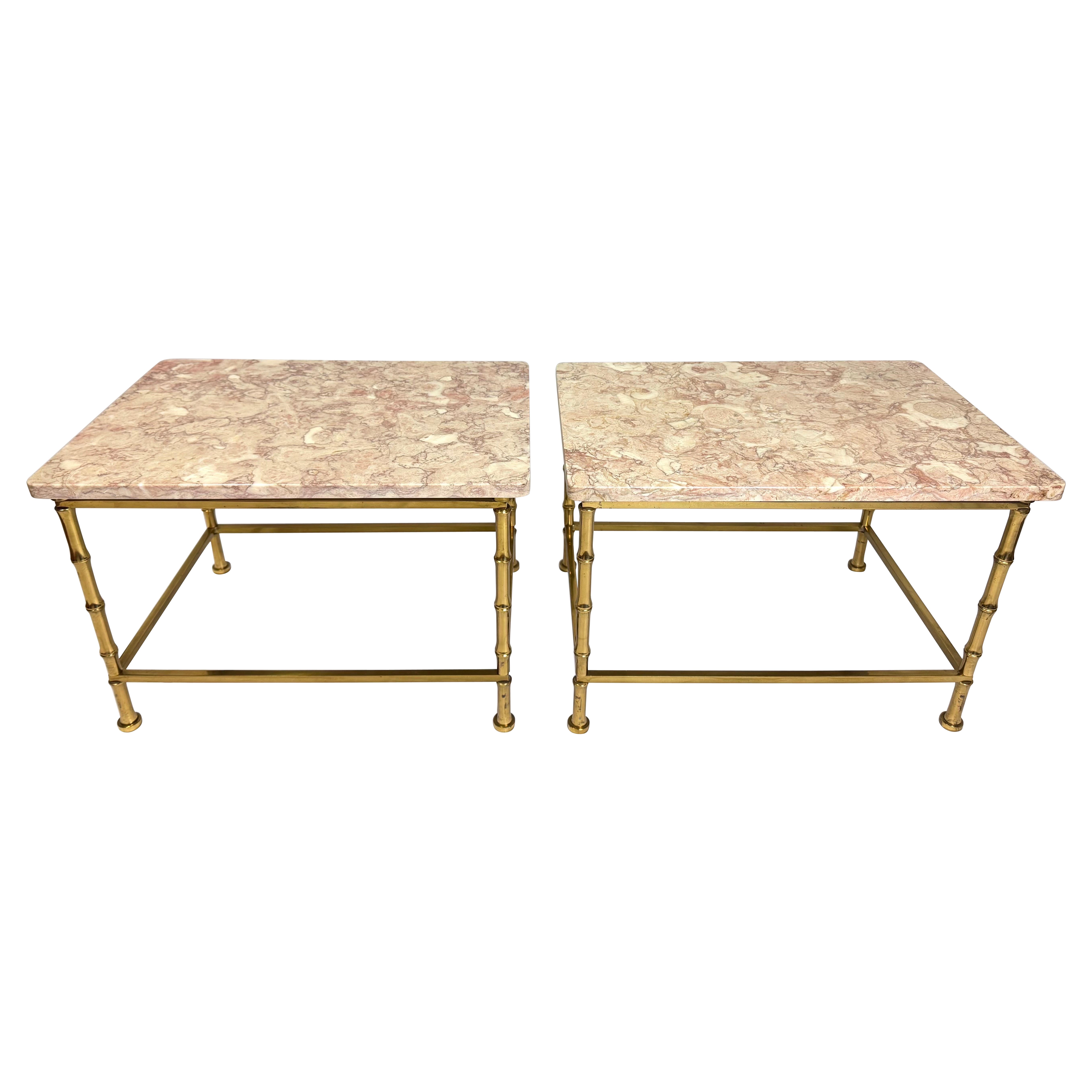 Pair of Marble Topped Brass Bamboo End Tables