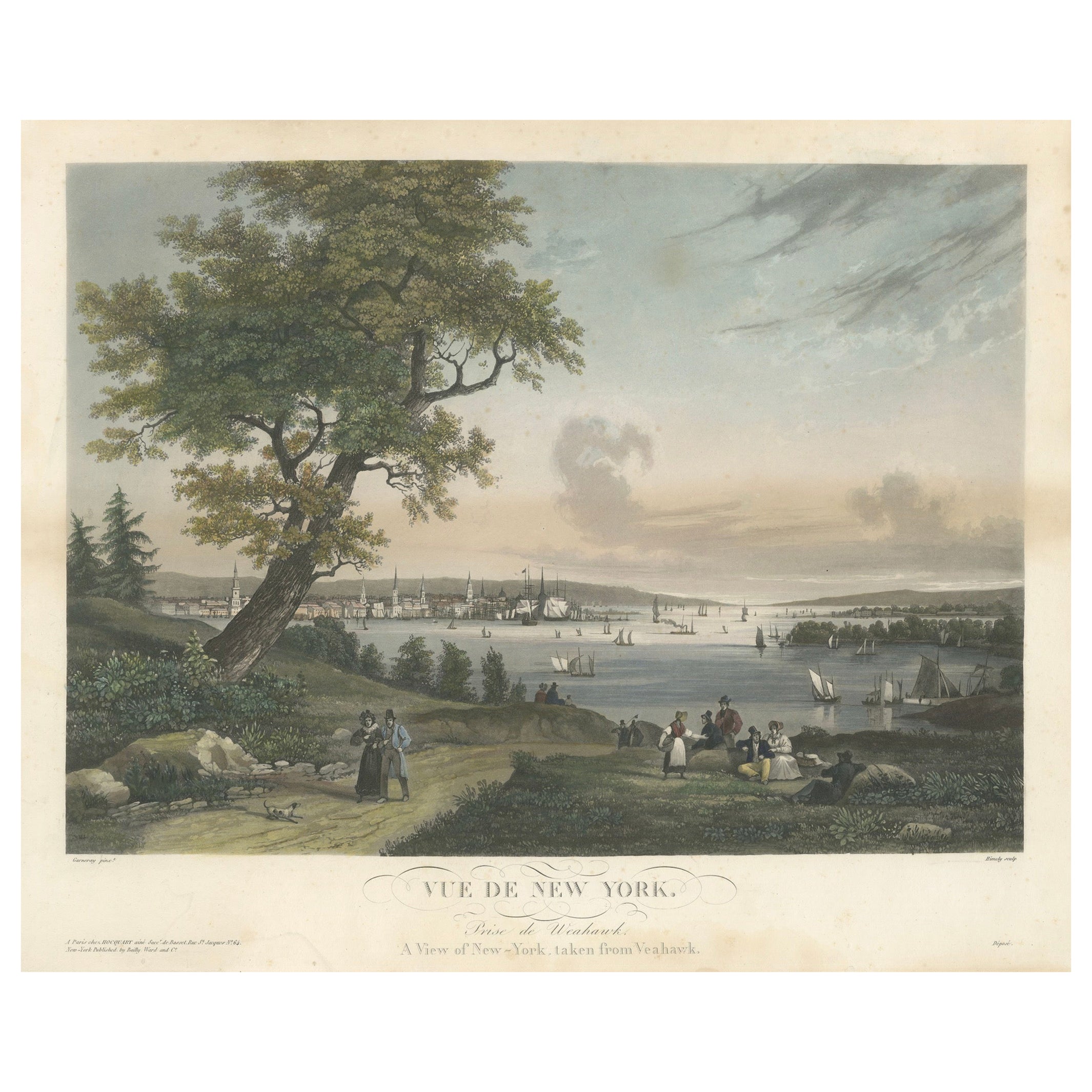Ansicht von New York City von Weehawken, seltener handkolorierter Aquatinta-Druck aus dem Jahr 1834
