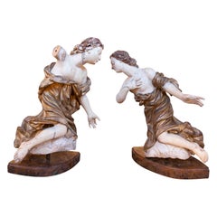 17th Pair of Antique Sculptures of Angels in Polychrome Wood