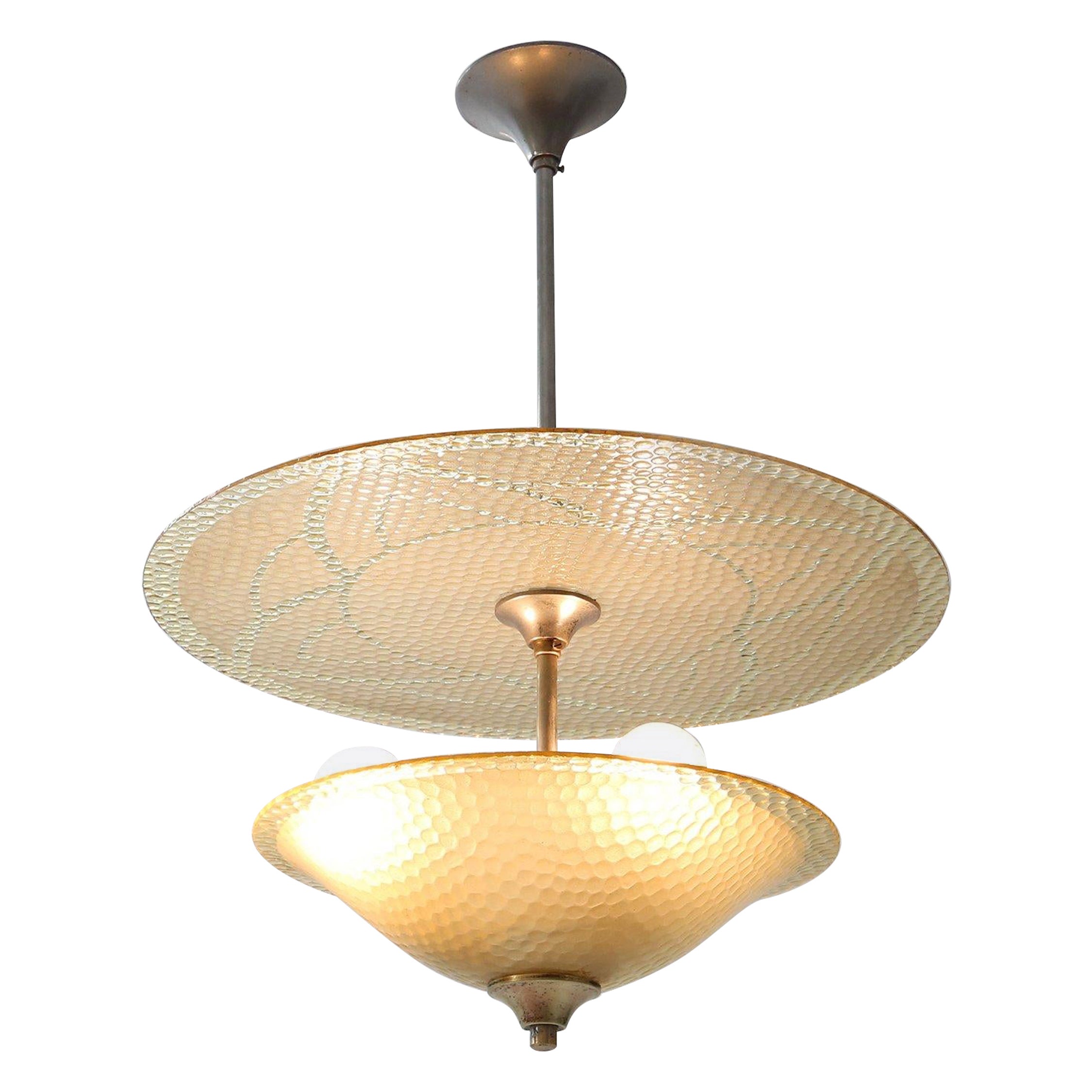 Art Deco sculptured glass pendant lamp, France 1930s
