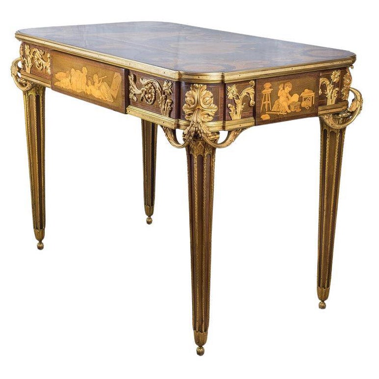 Mesa central francesa del siglo XIX de marquetería montada en ormolu Att. Alfred Beurdeley en venta