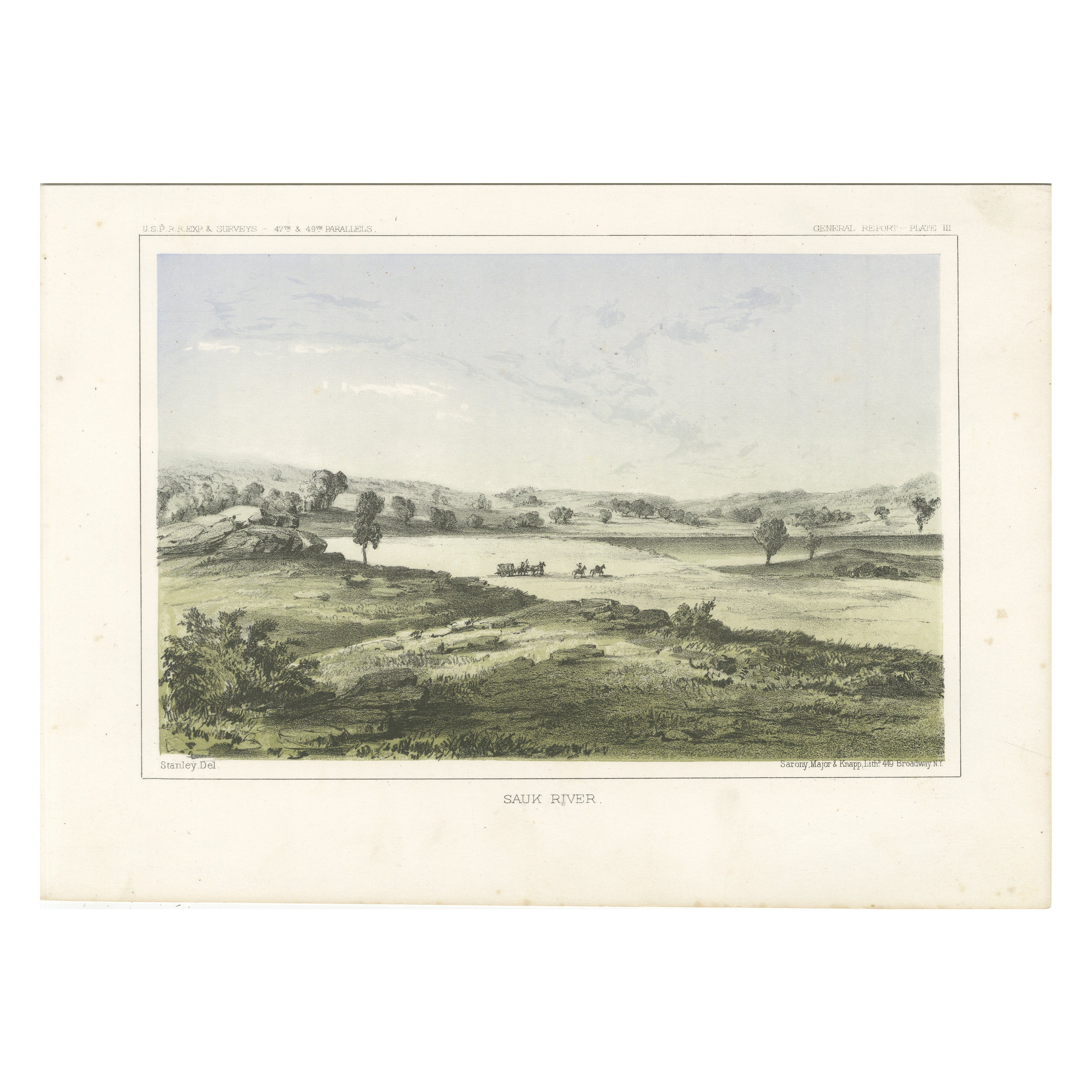 Paesaggio del fiume Sauk - Litografia colorata dalla Pacific Railroad Survey, 1856