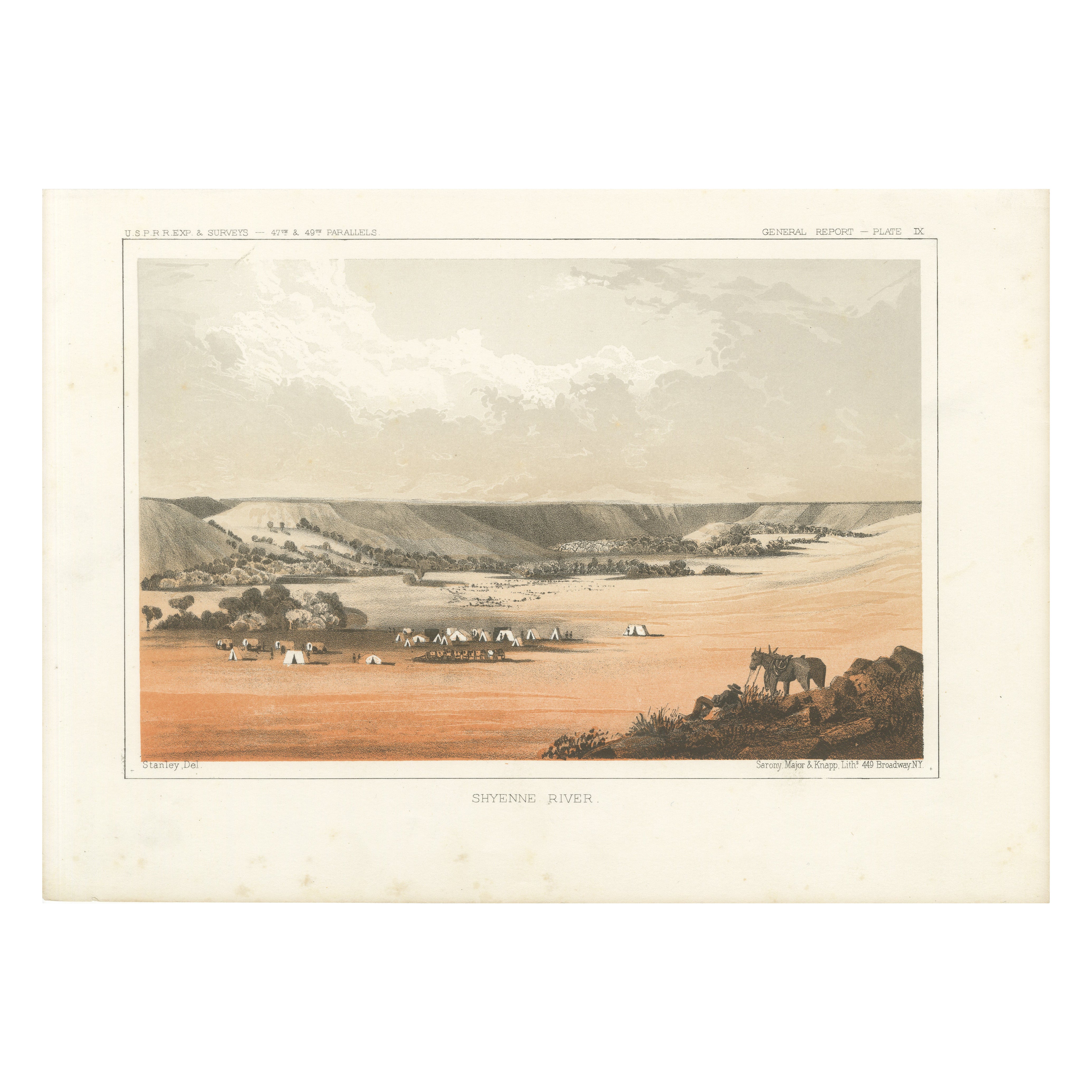 Shyenne River Landscape - Tinted Litho from the Pacific Railroad Survey, 1856