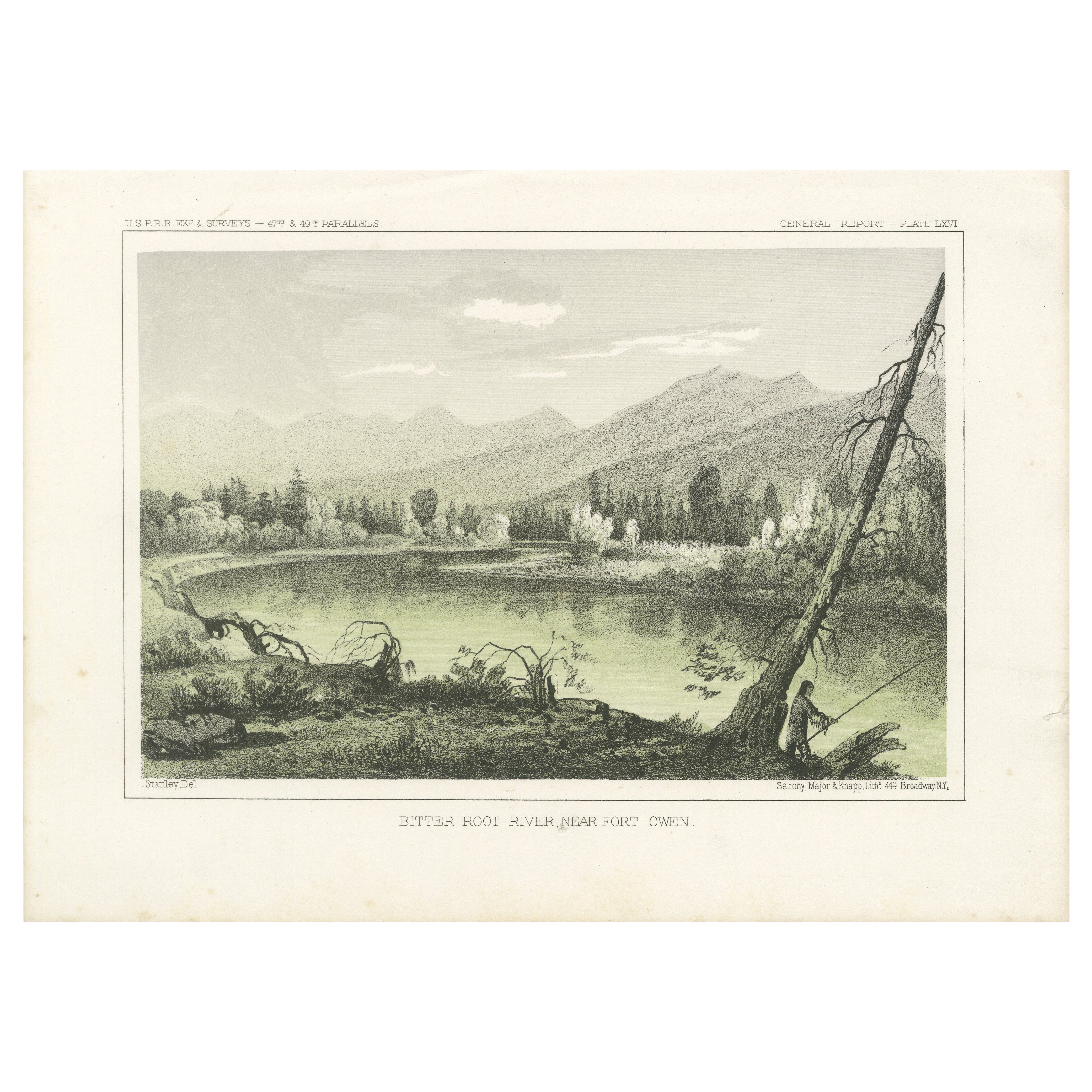 Bitter Root River Near Fort Owen in Montana - Tinted Lithograph of 1856