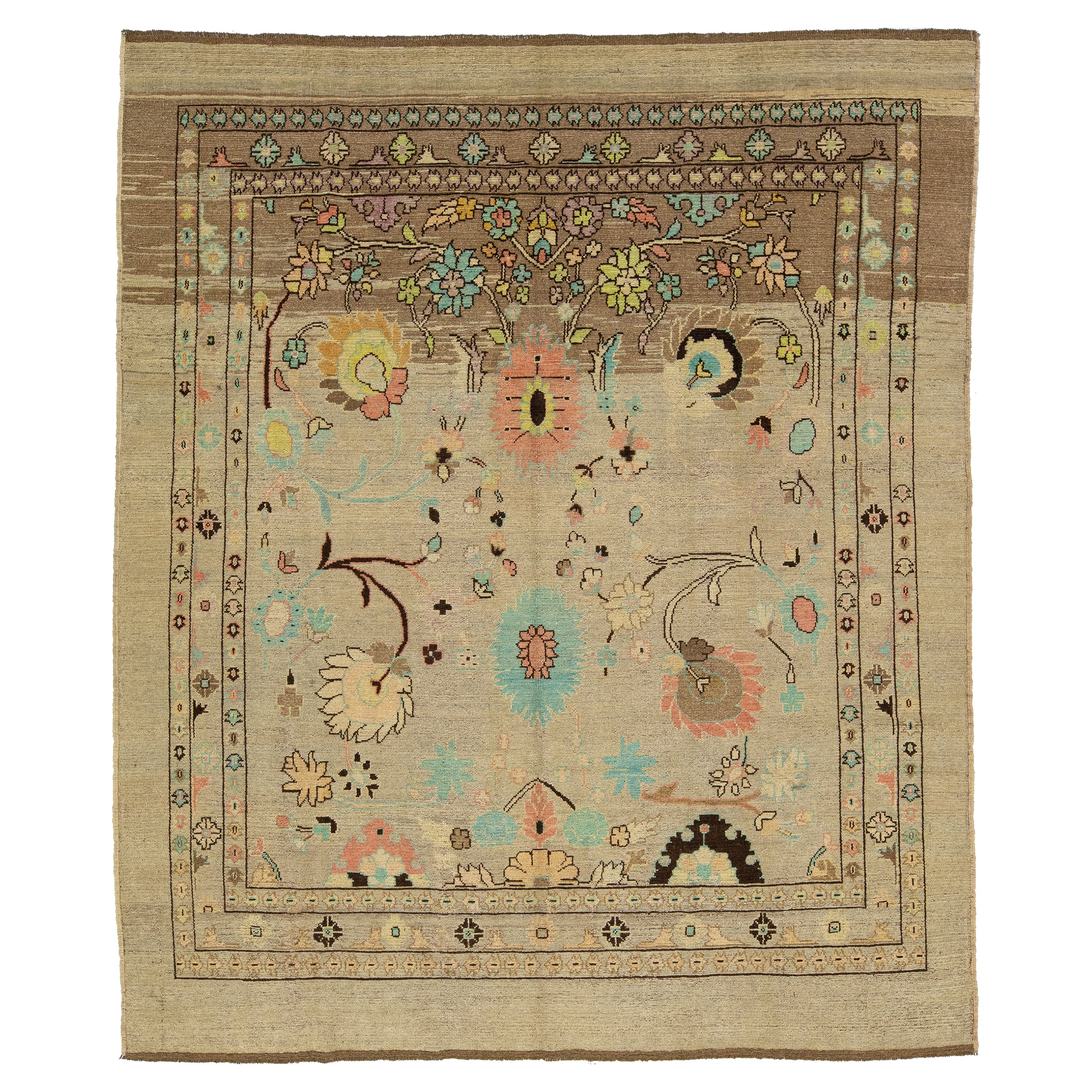Light Brown Modern Revival Wool Rug Handmade With Allover Floral Design