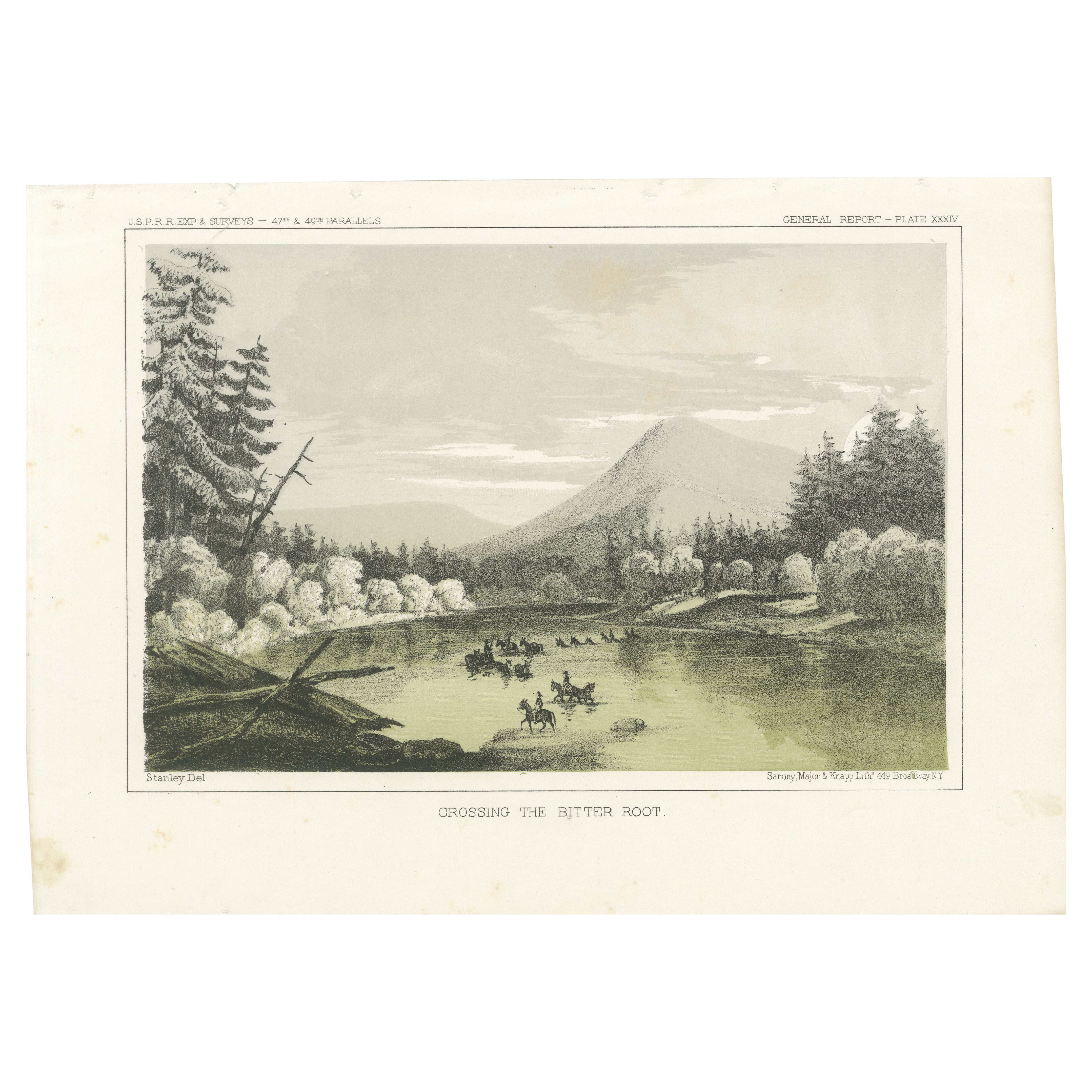 Attraversamento del fiume Bitter Root nel Montana occidentale, USA - Litografia colorata, 1856