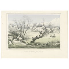 Attraversamento del fiume Hellgate a Winter, Montana - Litografia storica del XIX secolo