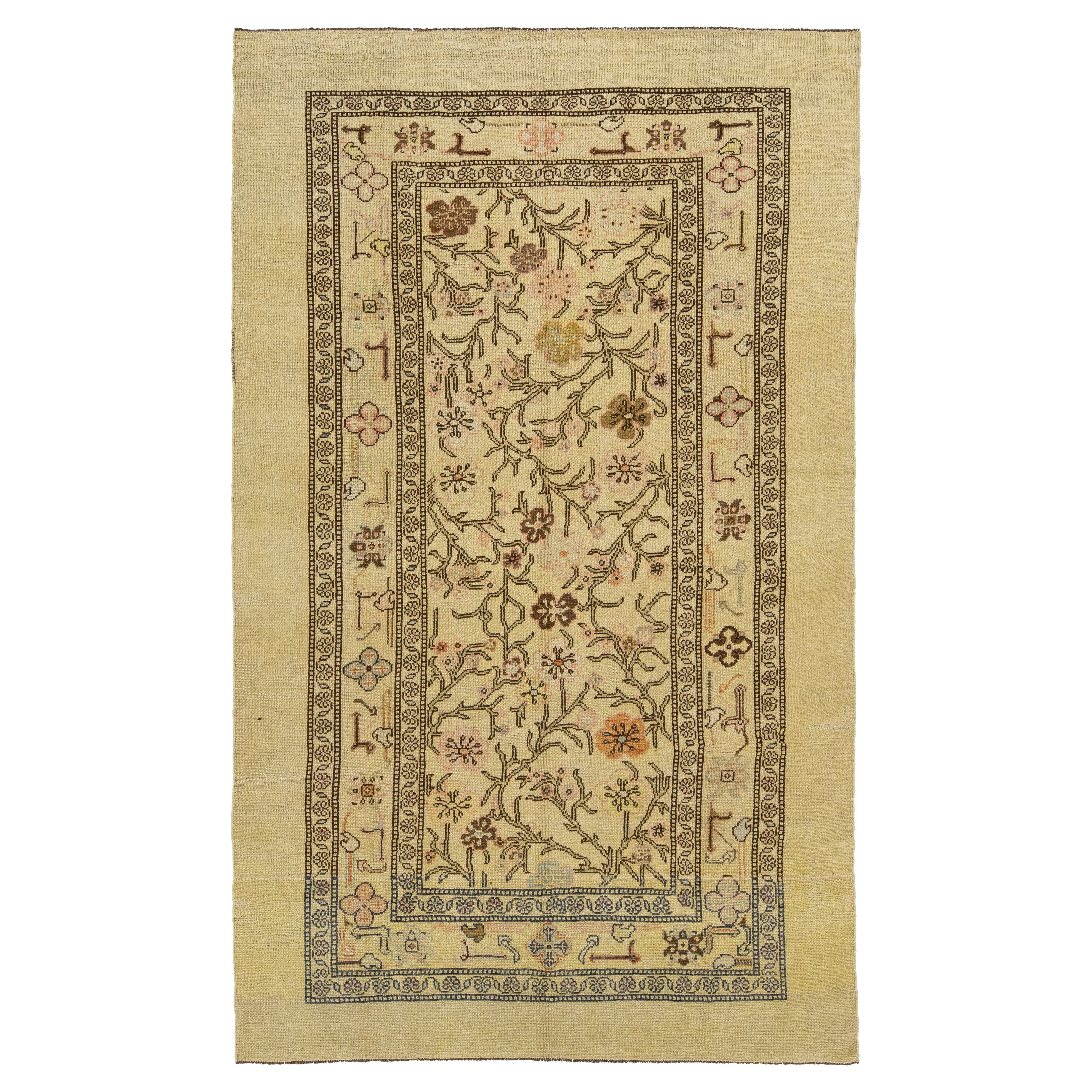 7 x 12 Modern Revival Wool Rug Handmade In Tan With Floral Pattern
