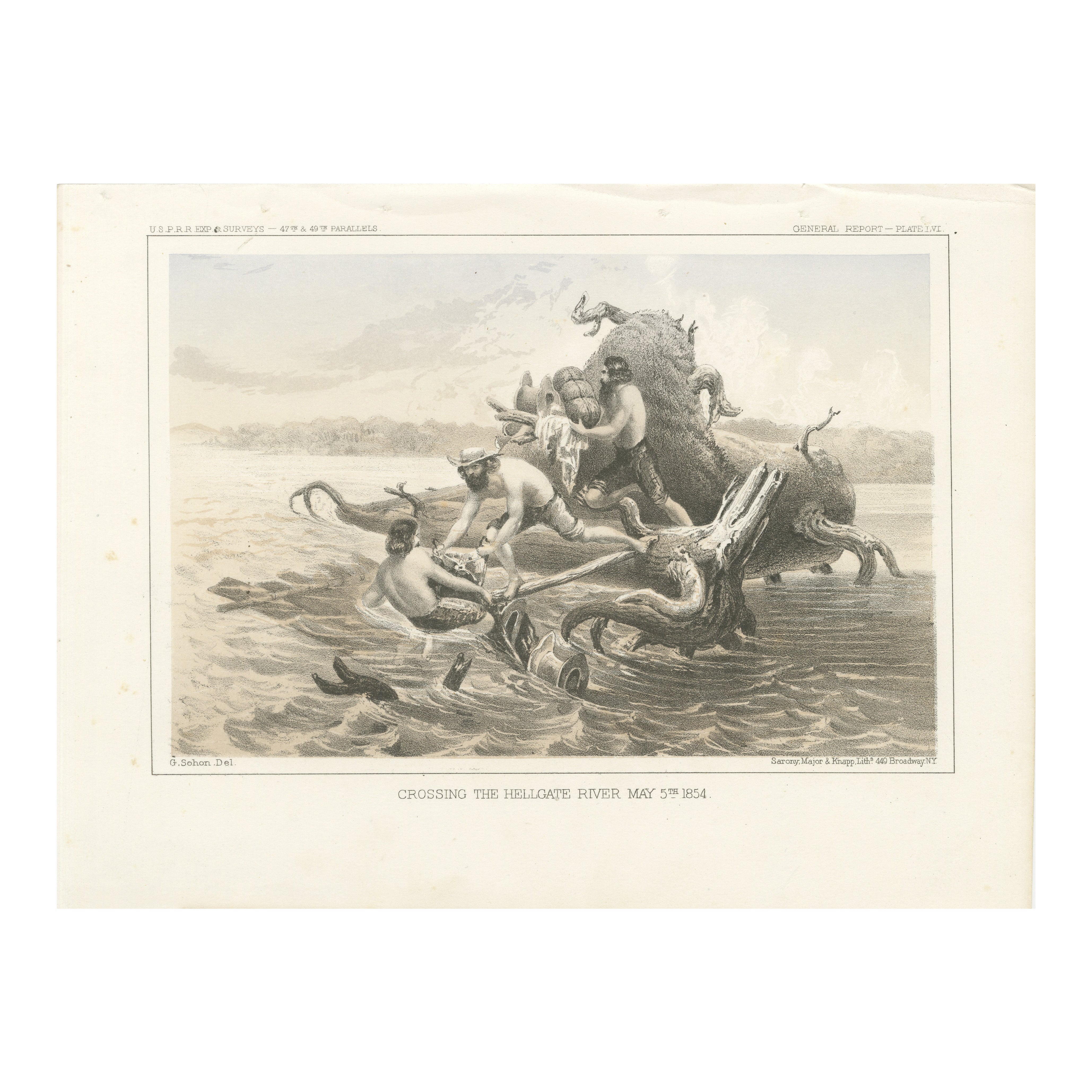Attraversamento del fiume Hellgate - 5 maggio 1854 - Litografia drammatica pubblicata nel 1856 in vendita
