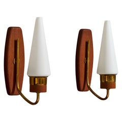 Swedish Designer, Wall Lights, Teak, Brass, Glass, Sweden, 1950s