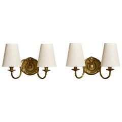 Designer français, Wall Lights, laiton, tissu, France, années 1960