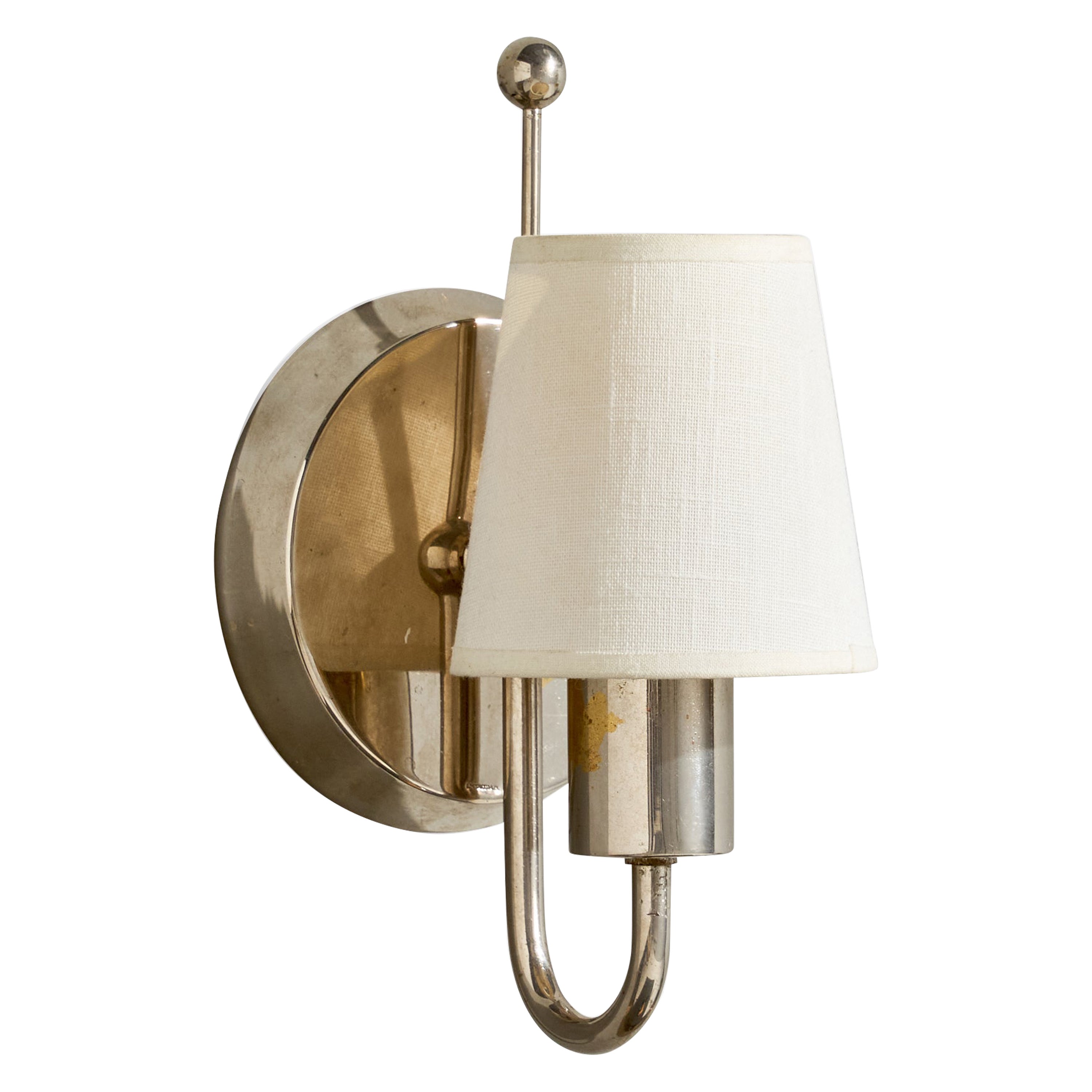 Paavo Tynell, Wall Light, Nickel, Fabric, Finland, 1930s For Sale