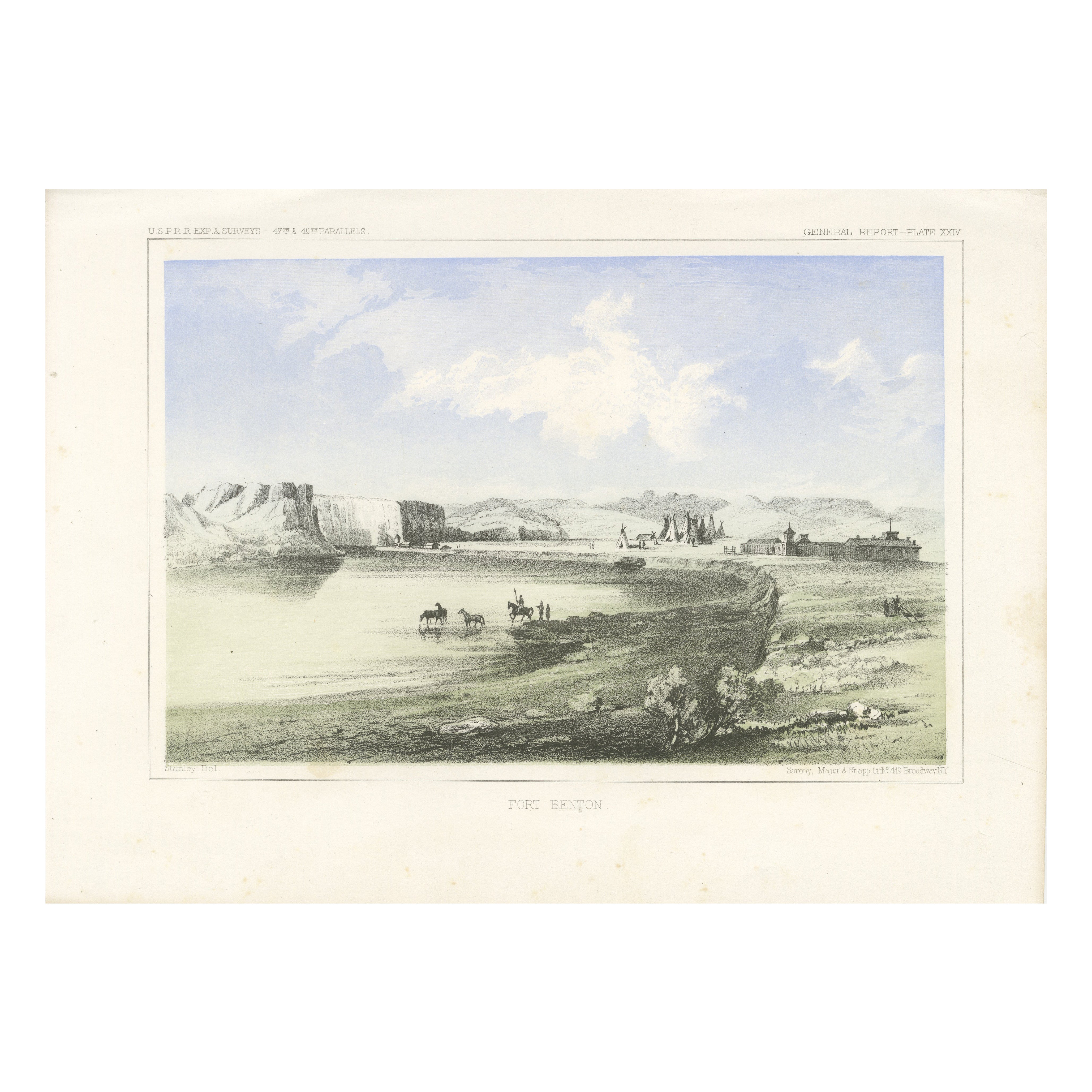 Storico Fort Benton lungo il fiume Missouri - Stampa litografica del XIX secolo