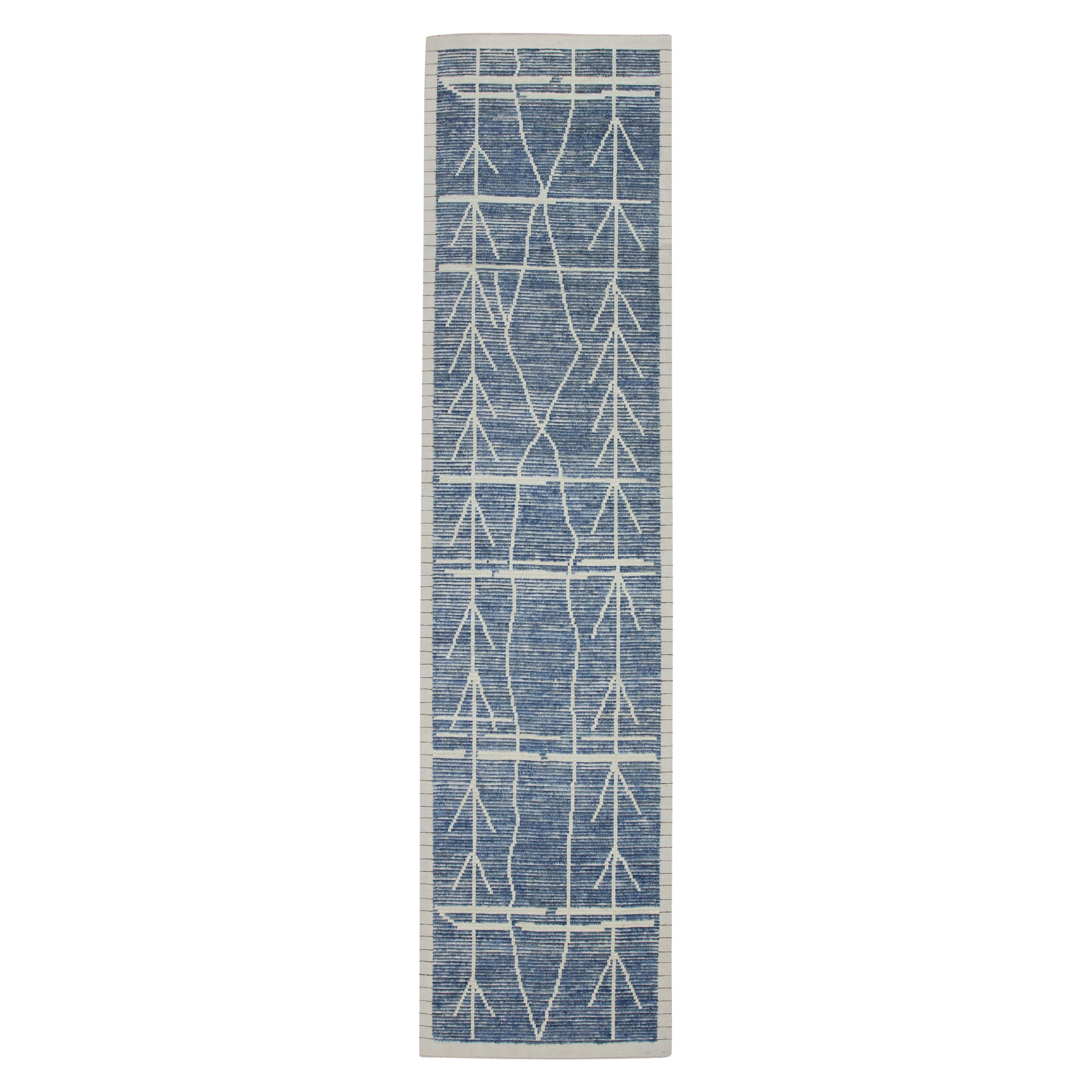 Tappeto fatto a mano Stile marocchino moderno Tappeto runner blu tessuto a mano 3'1" X 12'6"