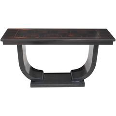 French Art Deco Exotic Macassar Ebony U-Base Console Table, circa 1940s