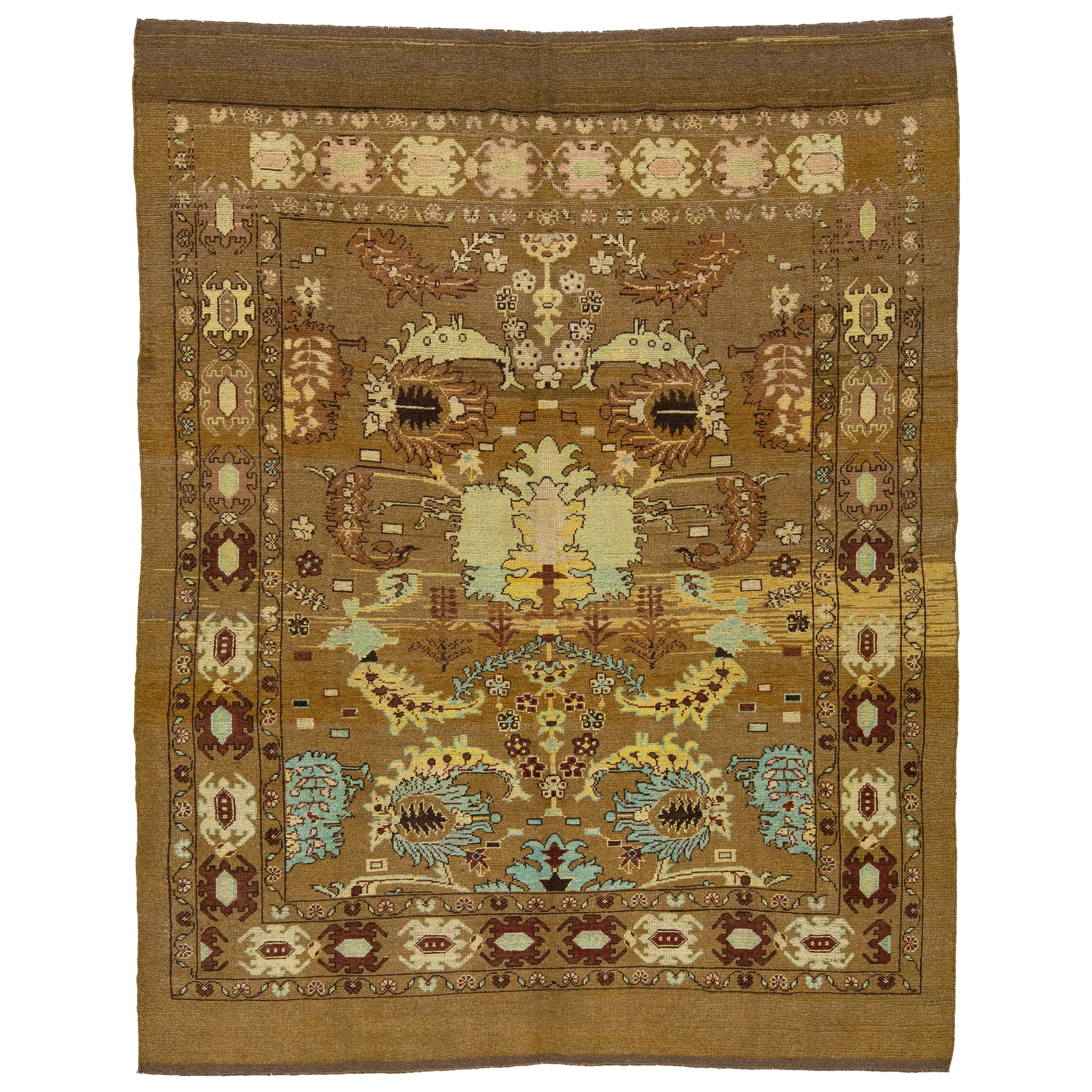 8 x 10 Floral Designed Modern Revival Wool Rug Handmade In Brown