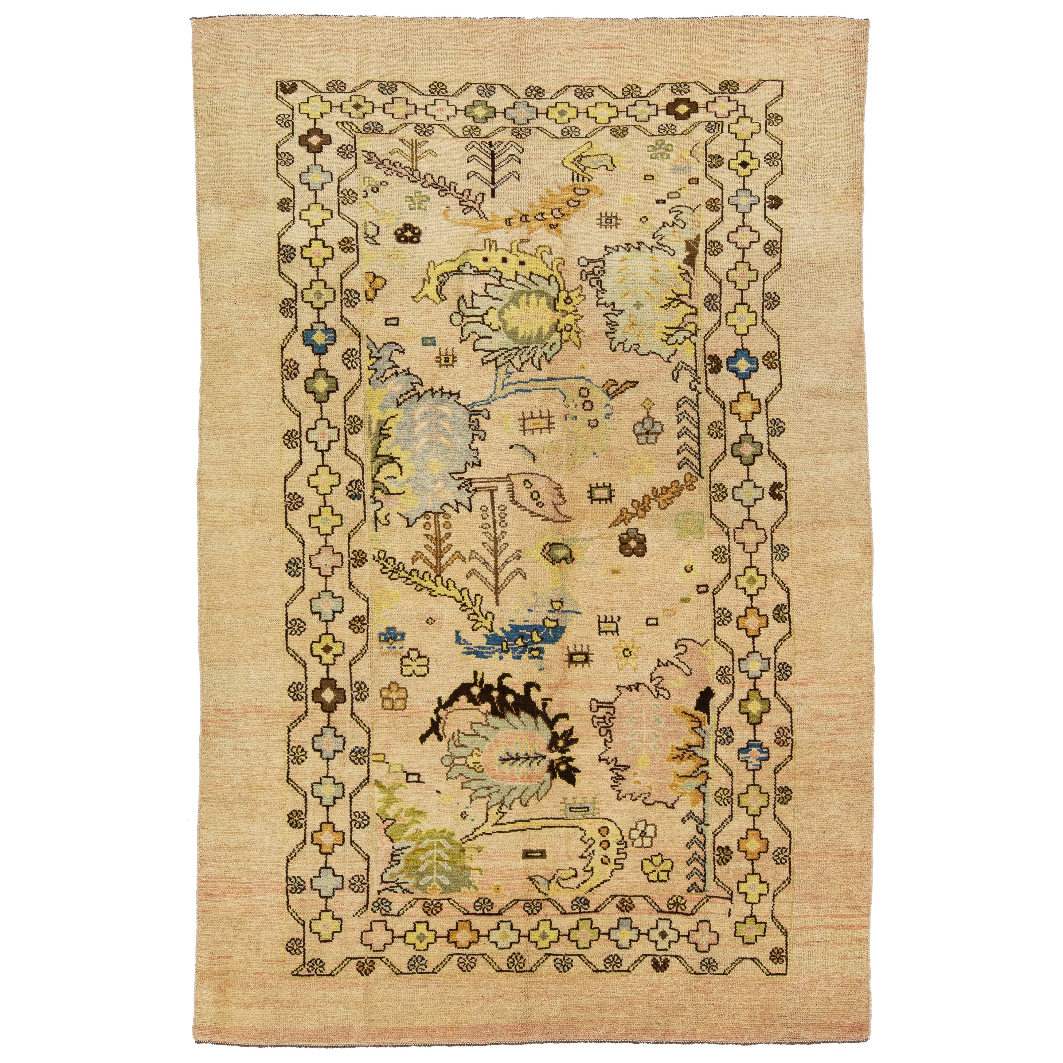 Handmade Modern Revival Beige Wool Rug With Floral Pattern