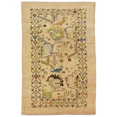 Handmade Modern Revival Beige Wool Rug With Floral Pattern