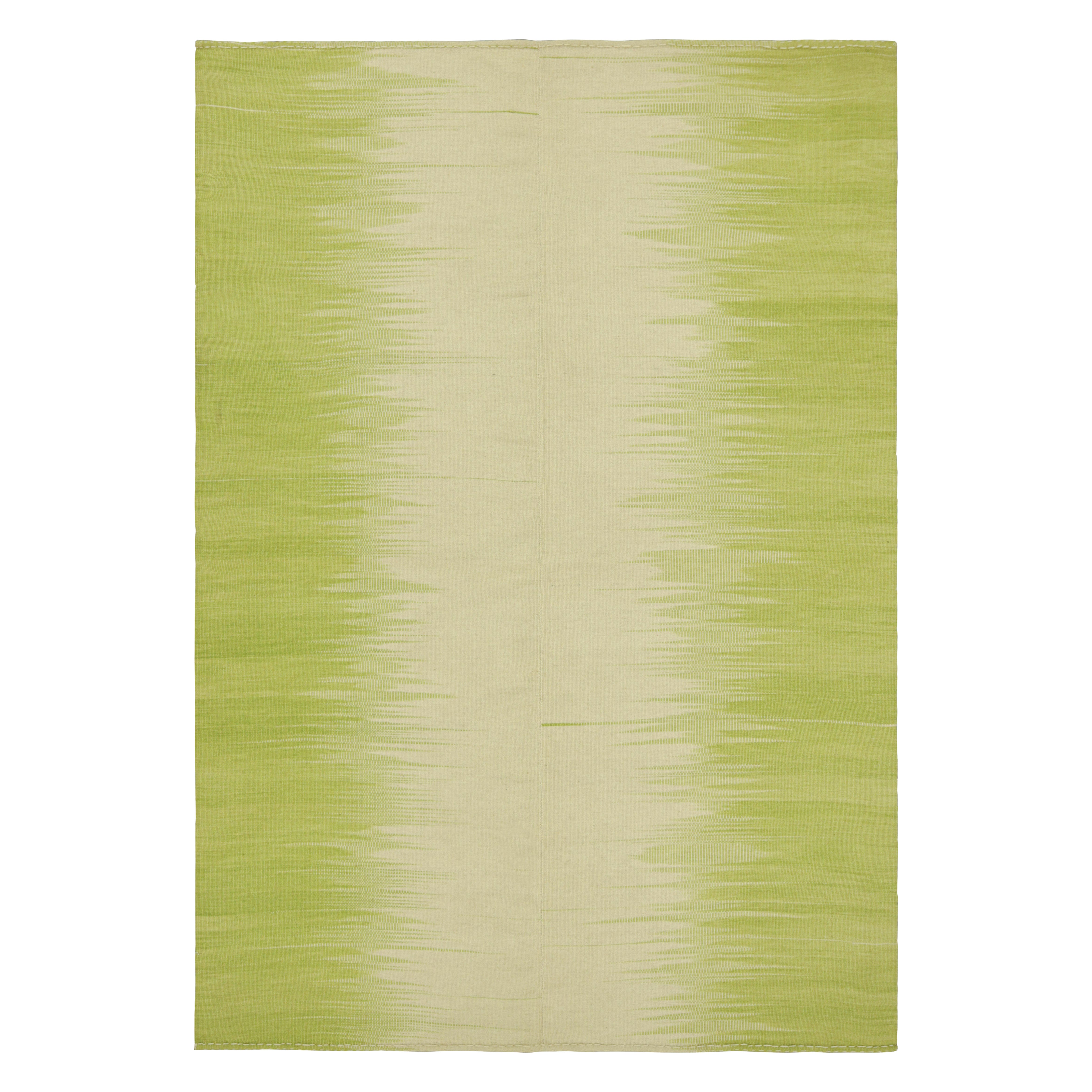 Rug & Kilim's Contemporary Kilim in Beige & Green Stripes & Geometric Patterns (Kilim contemporain à rayures et motifs géométriques beiges et verts)