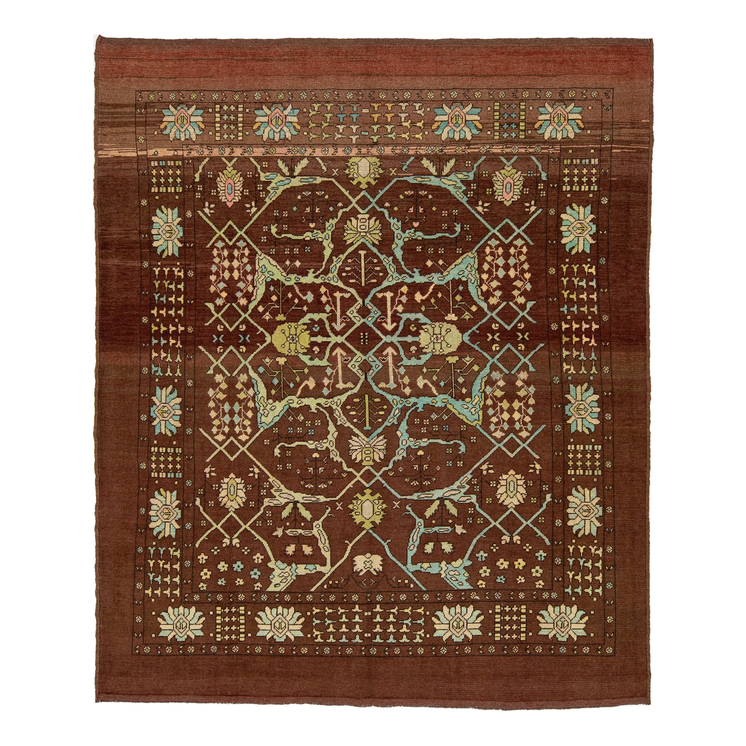 8 x 9 Modern Floral Designed Revival Wool Rug In Brown
