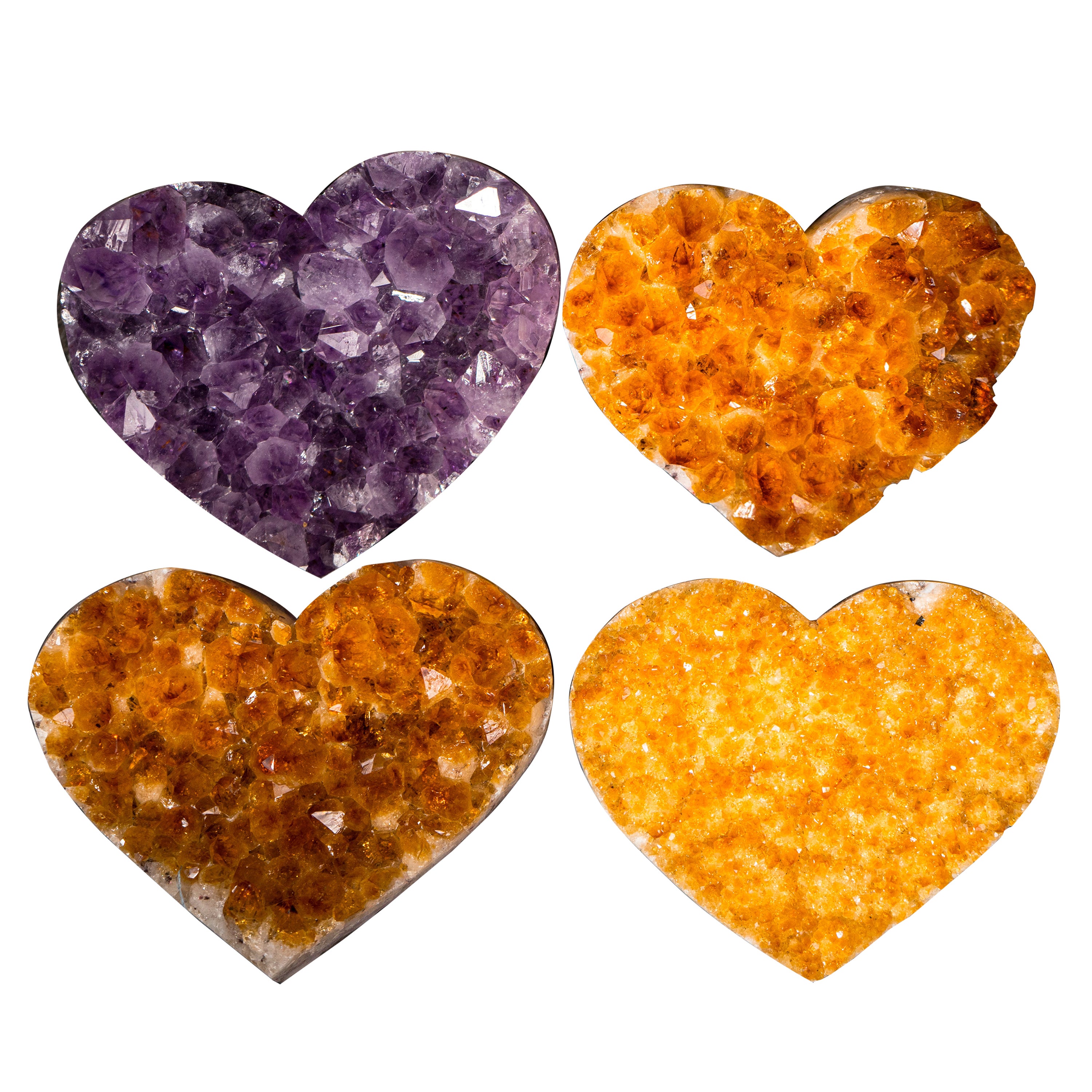 Ensemble de 4 cœurs en citrine et améthyste de haute qualité