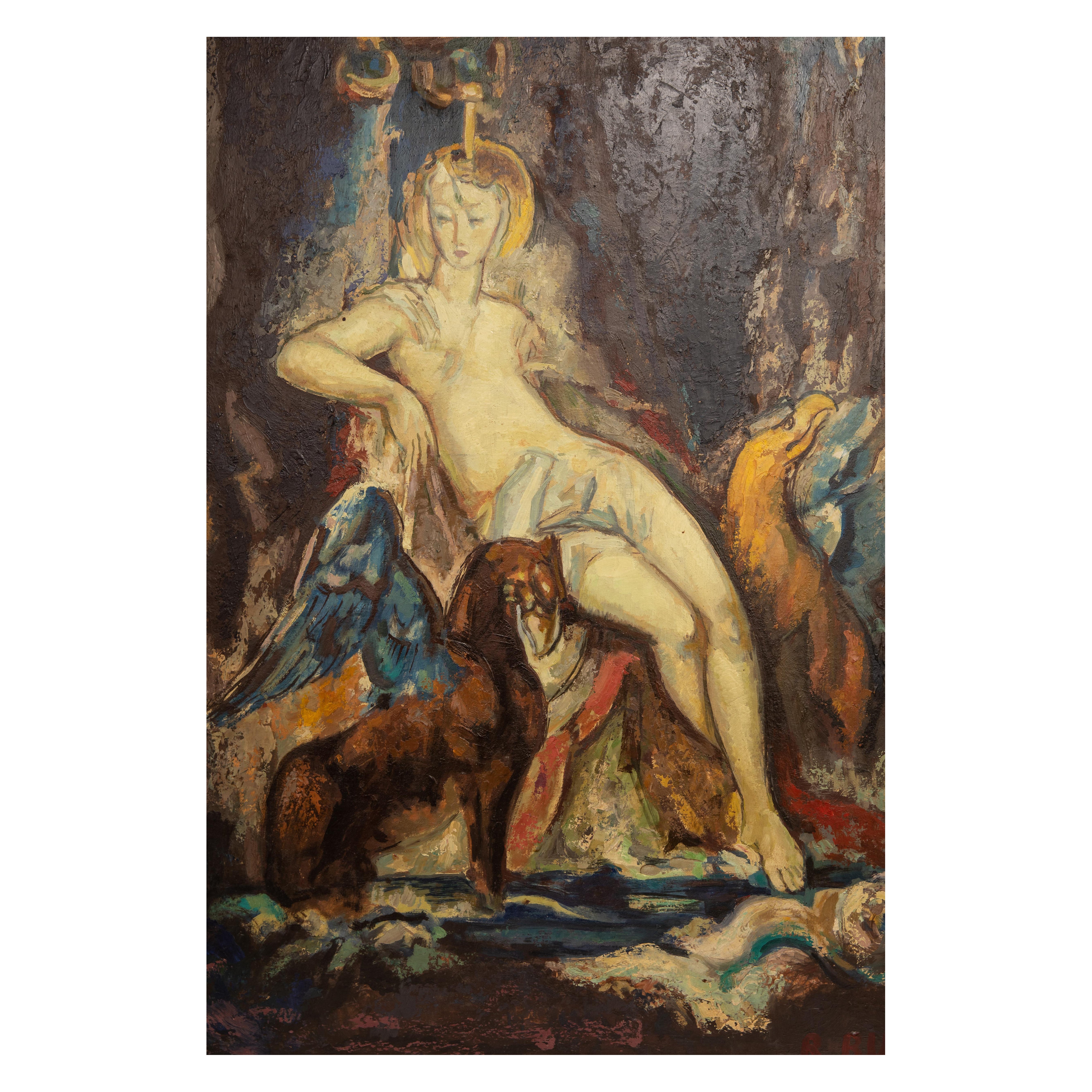 Pintura al óleo sobre tabla "La Fée aux Griffons" firmada por Rene Buthaud