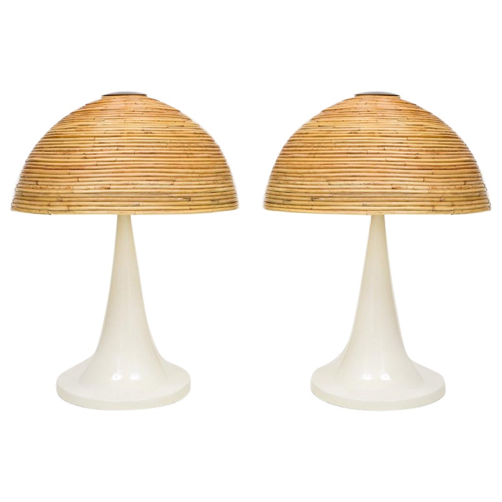 Gabriella Crespi Style Large Bamboo Pair of Table Lamps with White Lacquer Bases