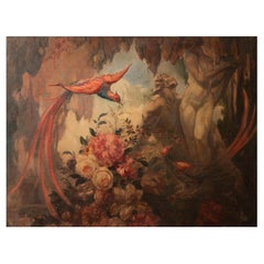 Pittura ad olio Art Deco Uccelli e figure in un paesaggio stilizzato