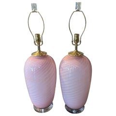 Vintage Pair Pink & Gold Sparkle Murano Italian Glass Table Lamps Newly Wired