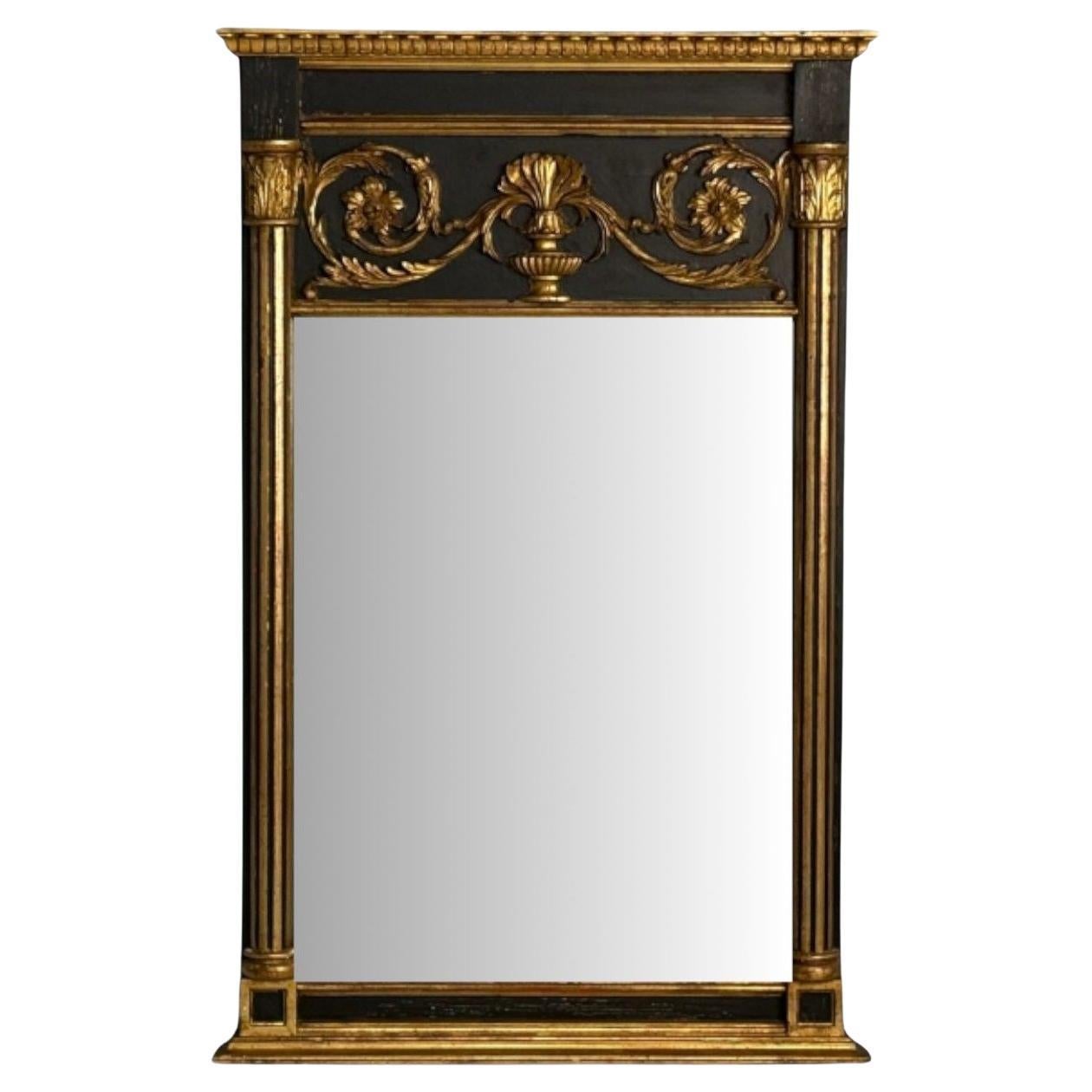 Neoclassical Style, Trumeau Mirror, Black Painted Wood, Giltwood, Italy, 20th C.