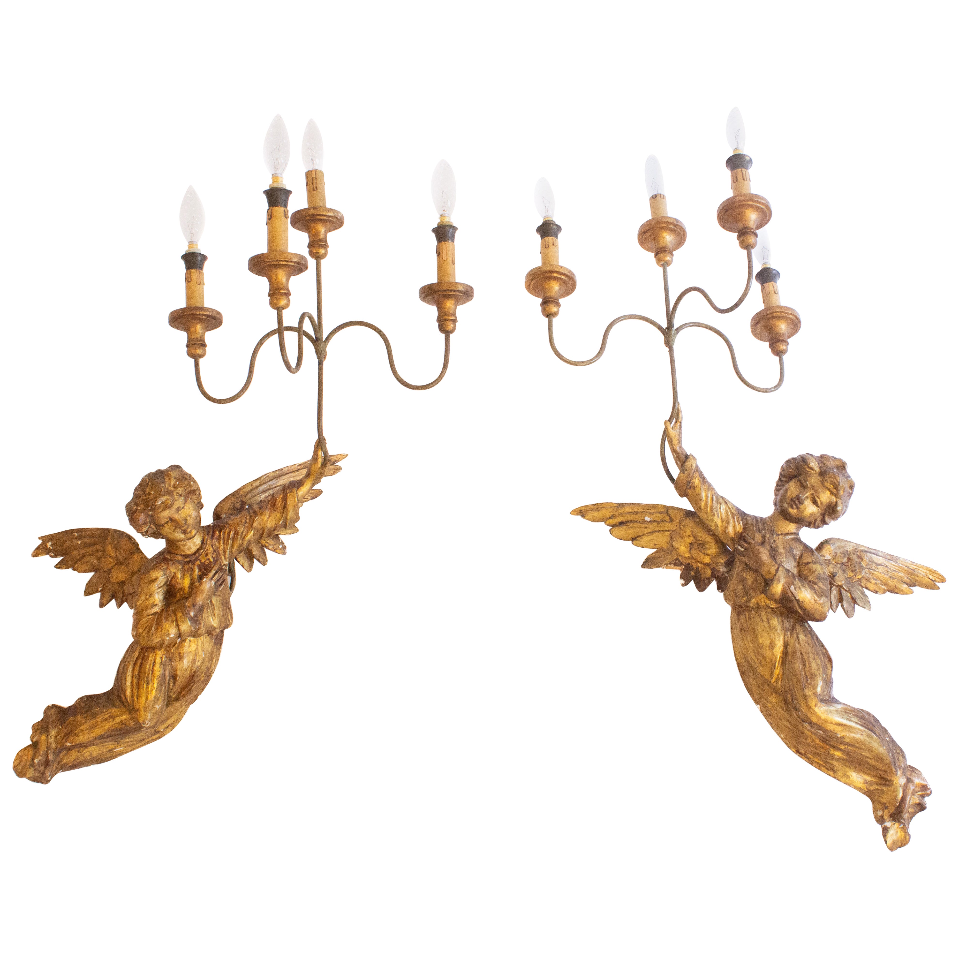 Pair of 18th Century Italian Gilded and Hand-Carved Angel Sconces