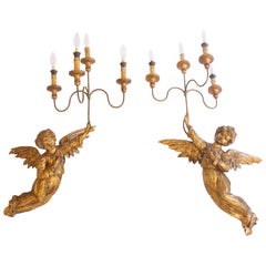 Pair of 18th Century Italian Gilded and Hand-Carved Angel Sconces