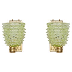 Pair of Green Italian Rostrate Style Handblown Glass Sconces with Brass Bases