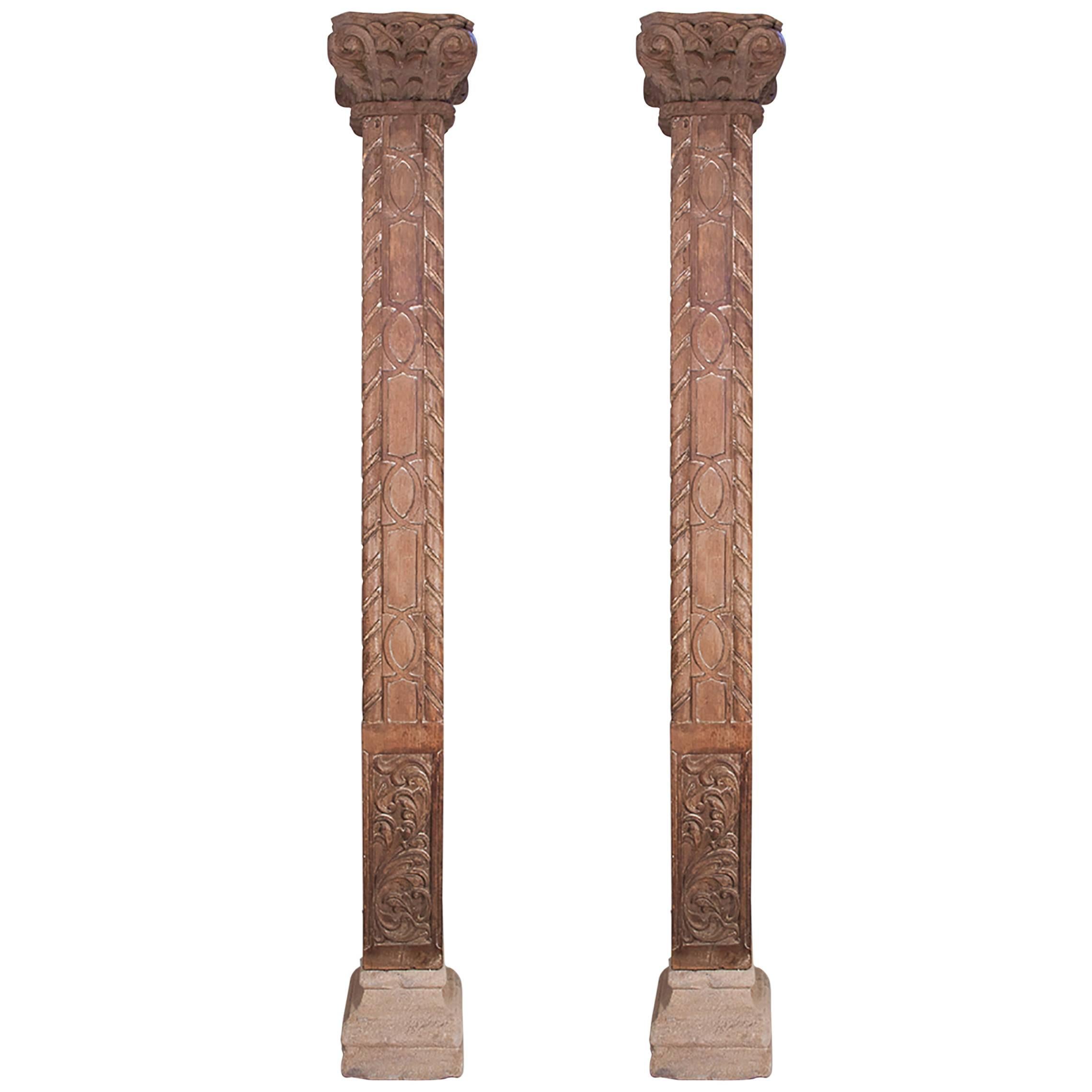 Pair of 19th Century Carved Teak Wood Columns or Pillars