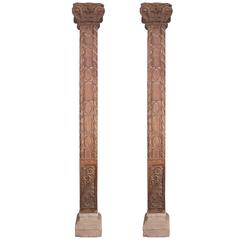 Antique Pair of 19th Century Carved Teak Wood Columns or Pillars