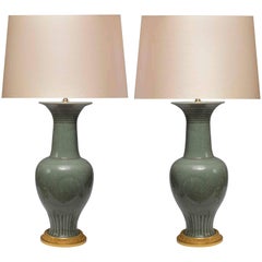 Pair of Celadon Glazed Porcelain Lamps
