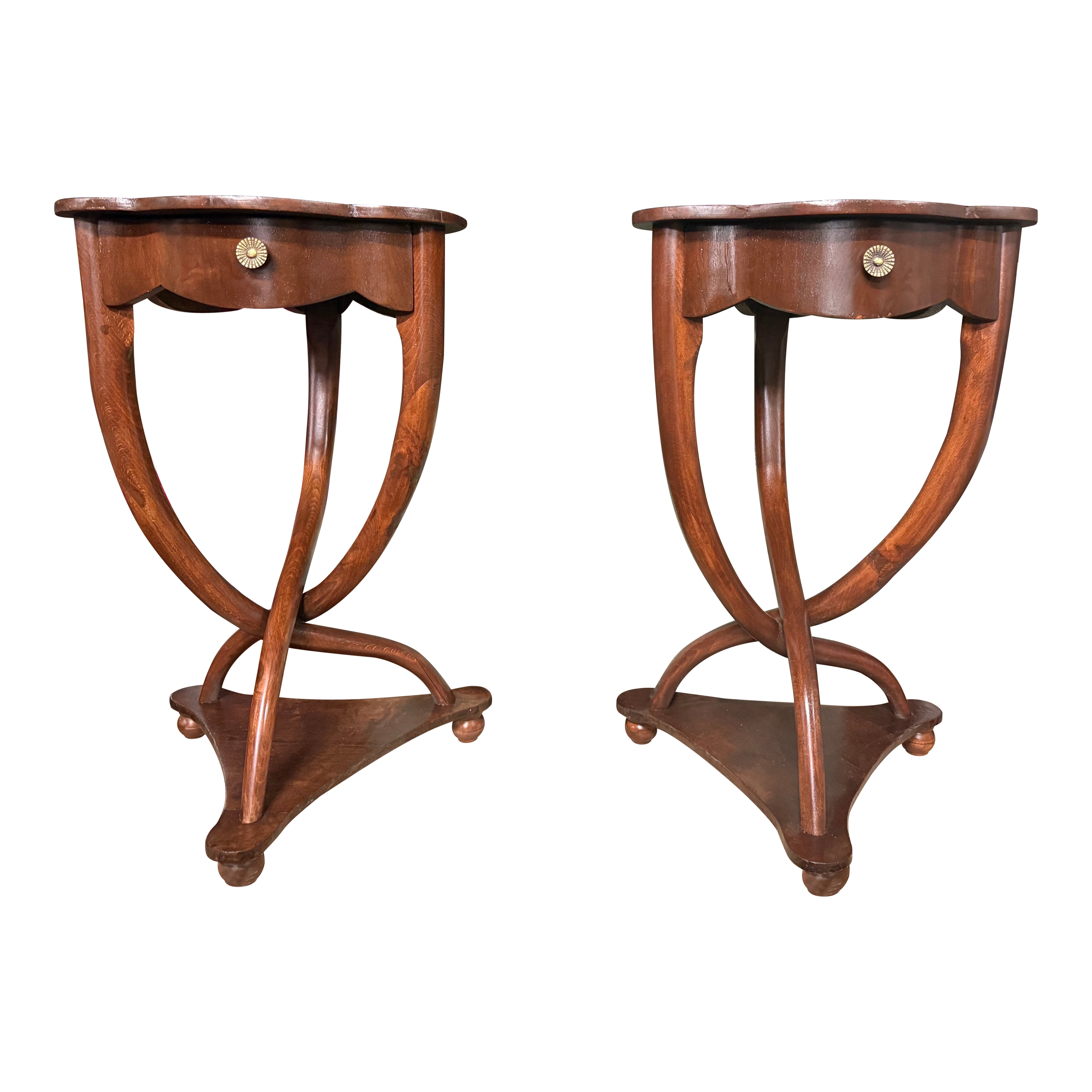 A pair of Antique French Art Deco Side Tables With Drawer & Unique Twist Base For Sale
