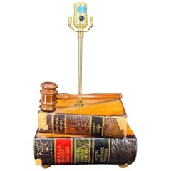 Table Lamp with Leather Books and Judge Gavel