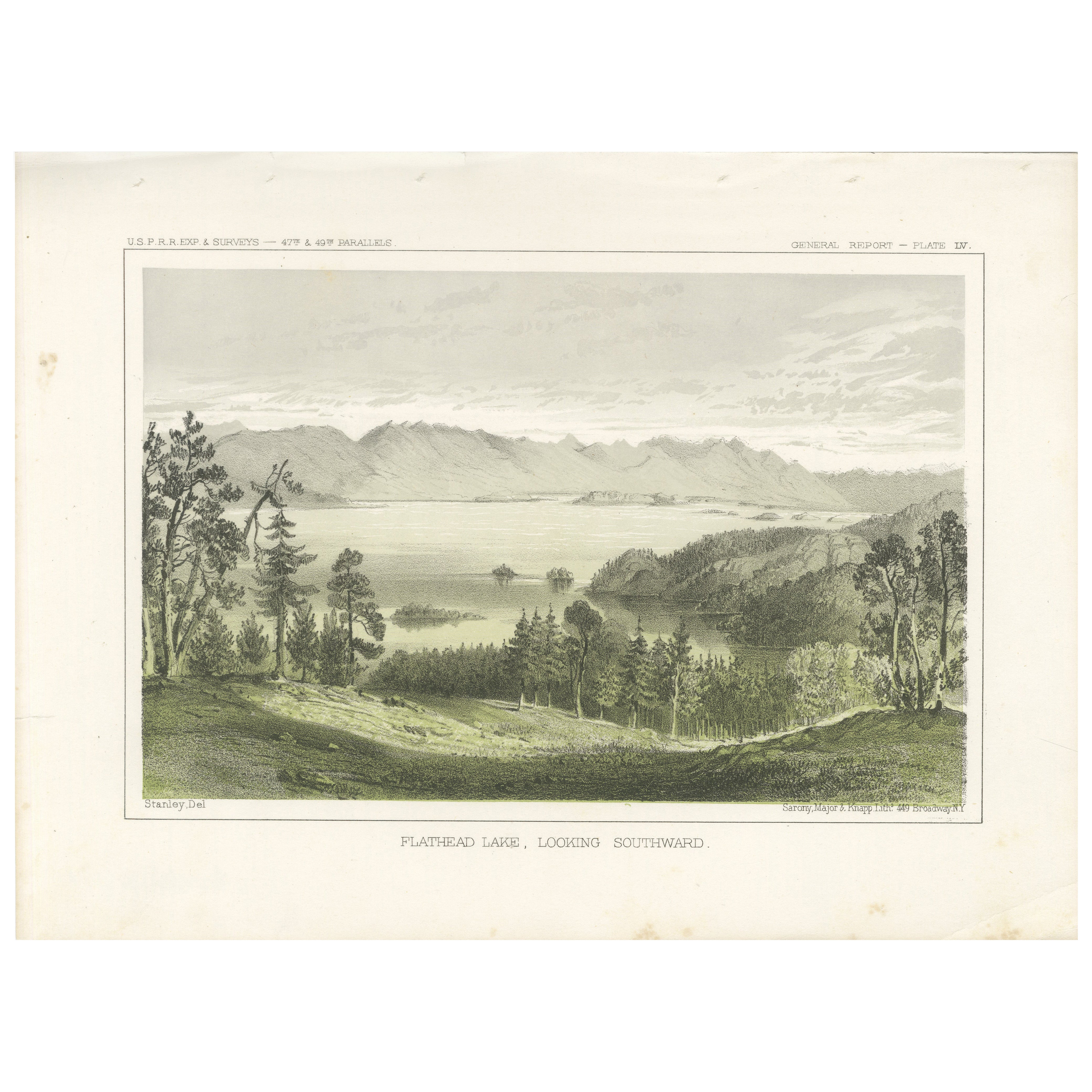 Vista serena del lago Flathead y las montañas circundantes en Montana, litografía de 1856
