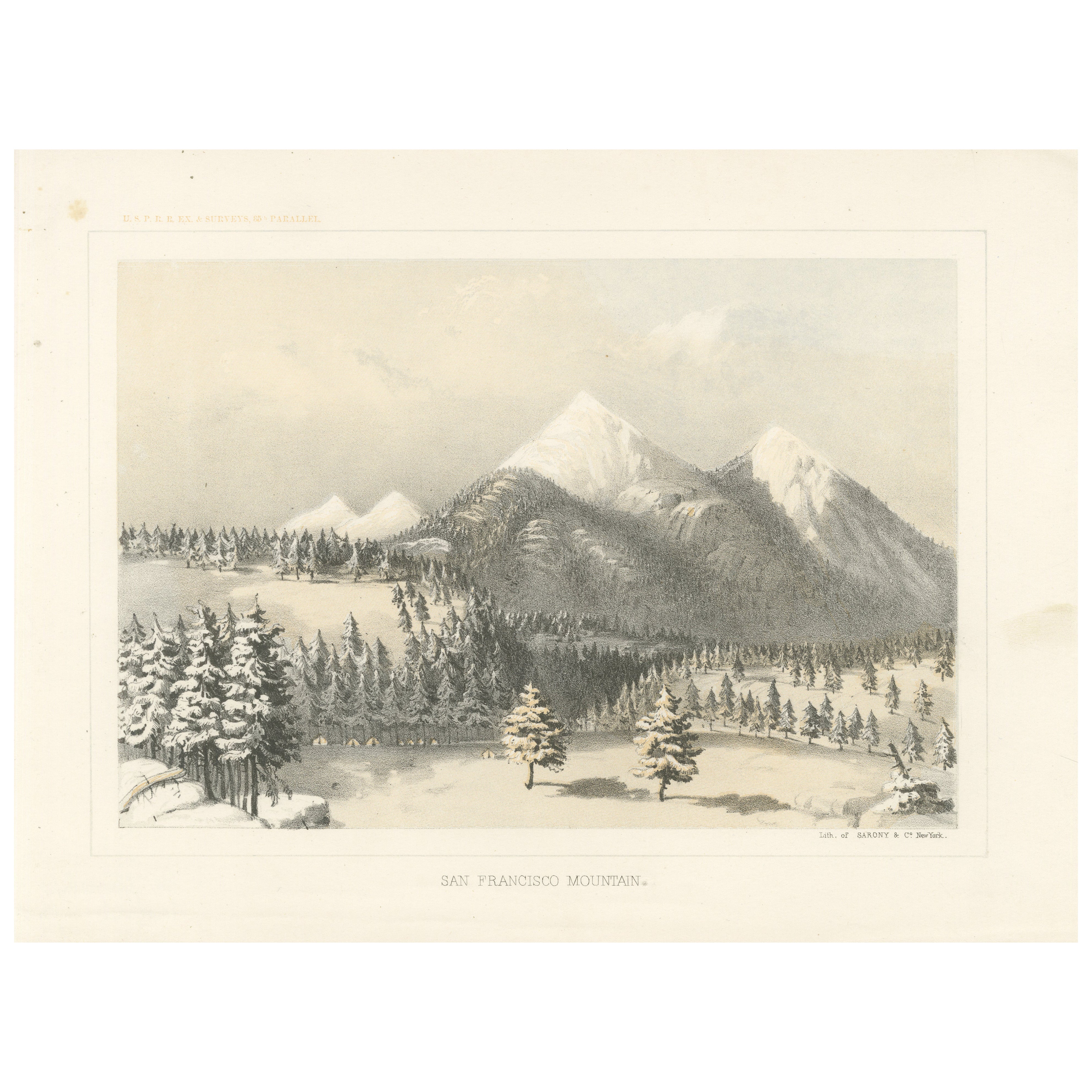 Snow-Capped San Francisco Mountain in the Heart of Arizona - Tinted Litho, 1856 For Sale