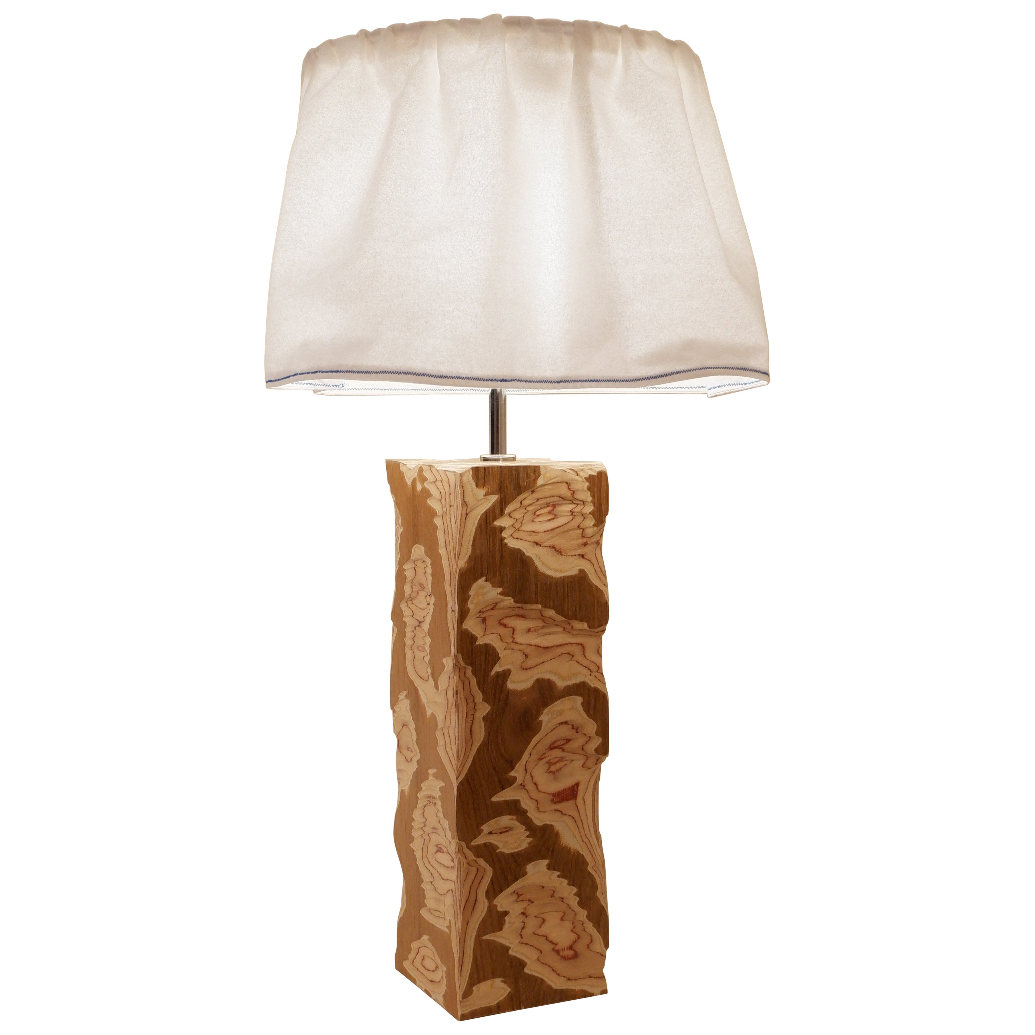 Acid Table Large Lamp. Modern carved teak with fabric shade. Josh Page Studio