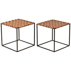 Pair of Hand-Painted Woven Leather Stools by Made Solid