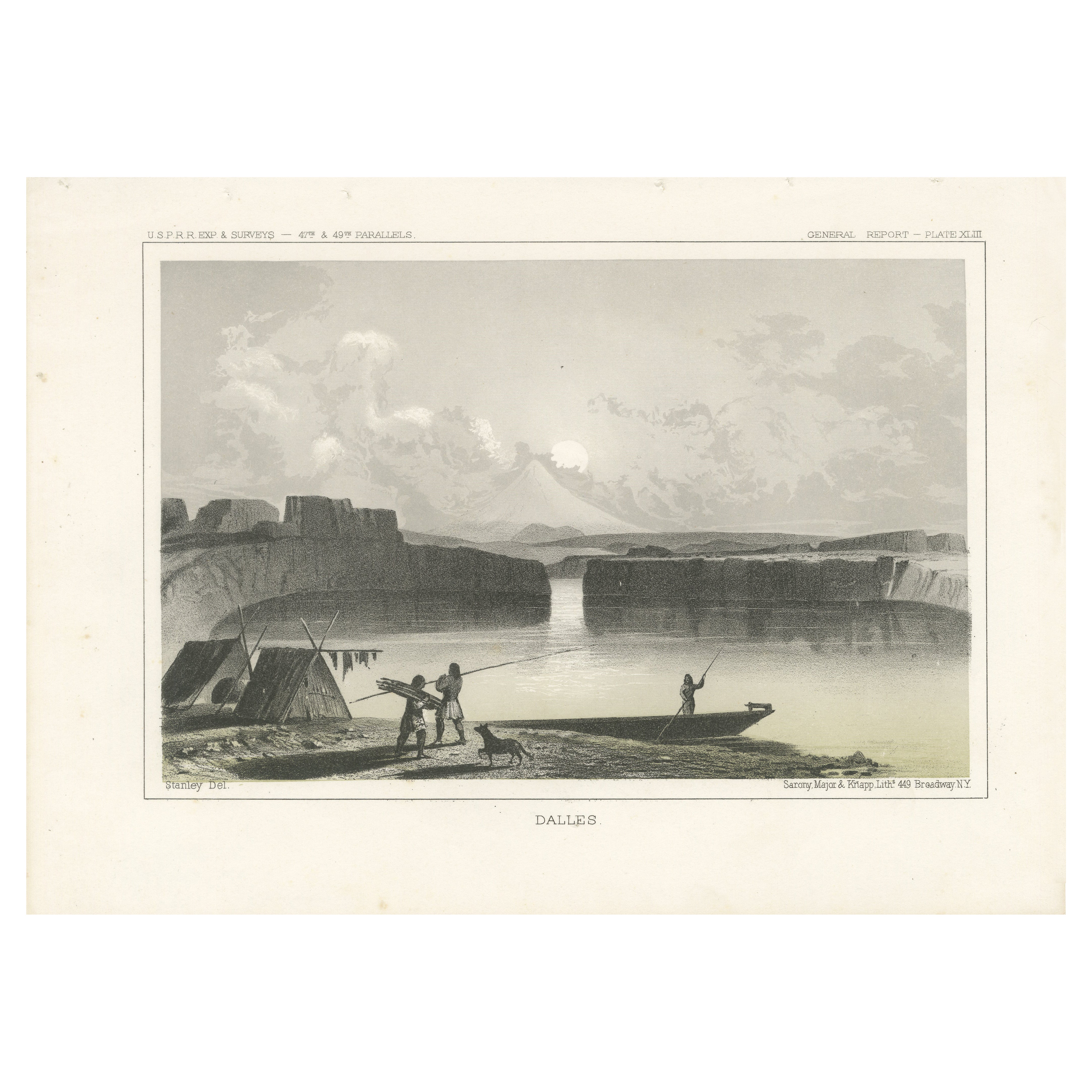 Una veduta litografica della vita indigena lungo il fiume Columbia nel 1856 circa