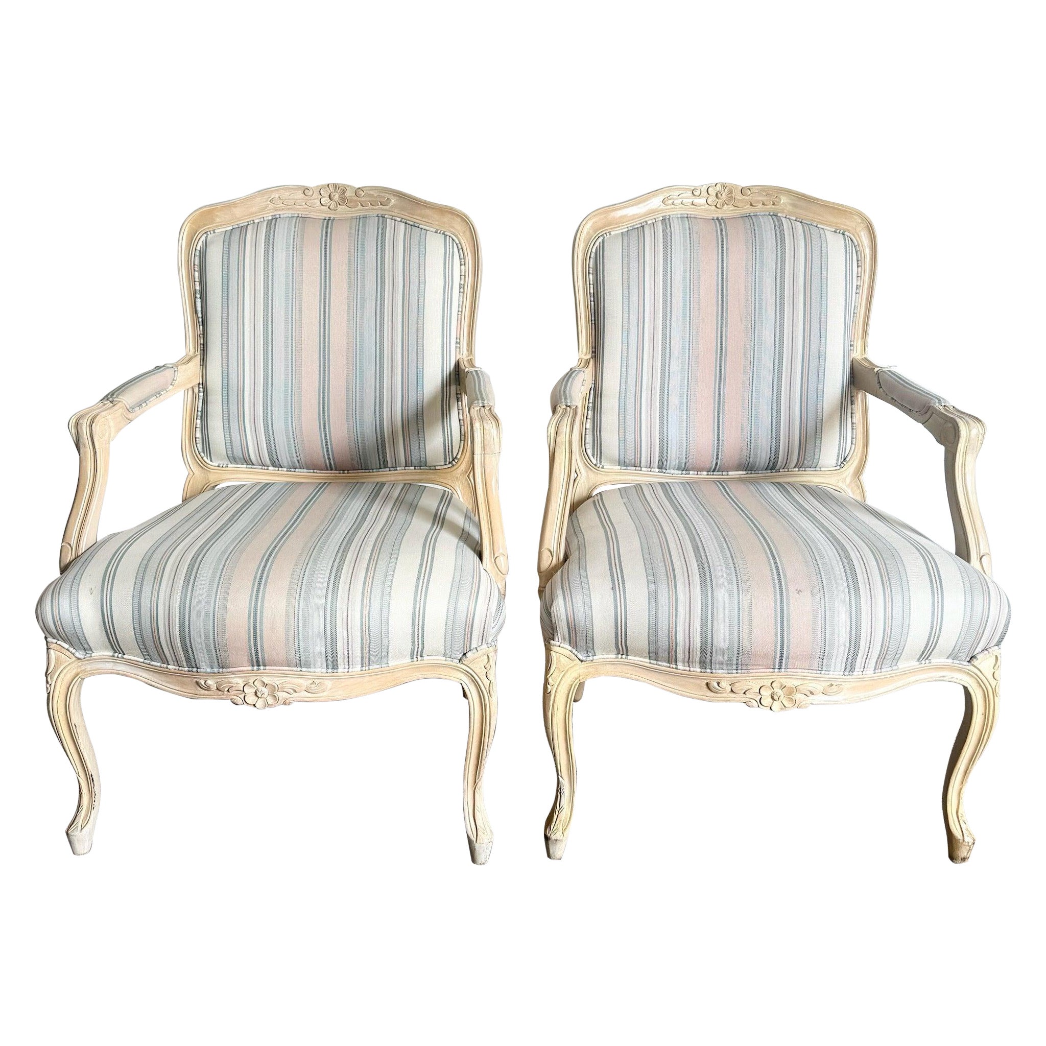 French Provincial Blonde With Blue and Pink Striped Fabric Arm Chairs - a Pair For Sale